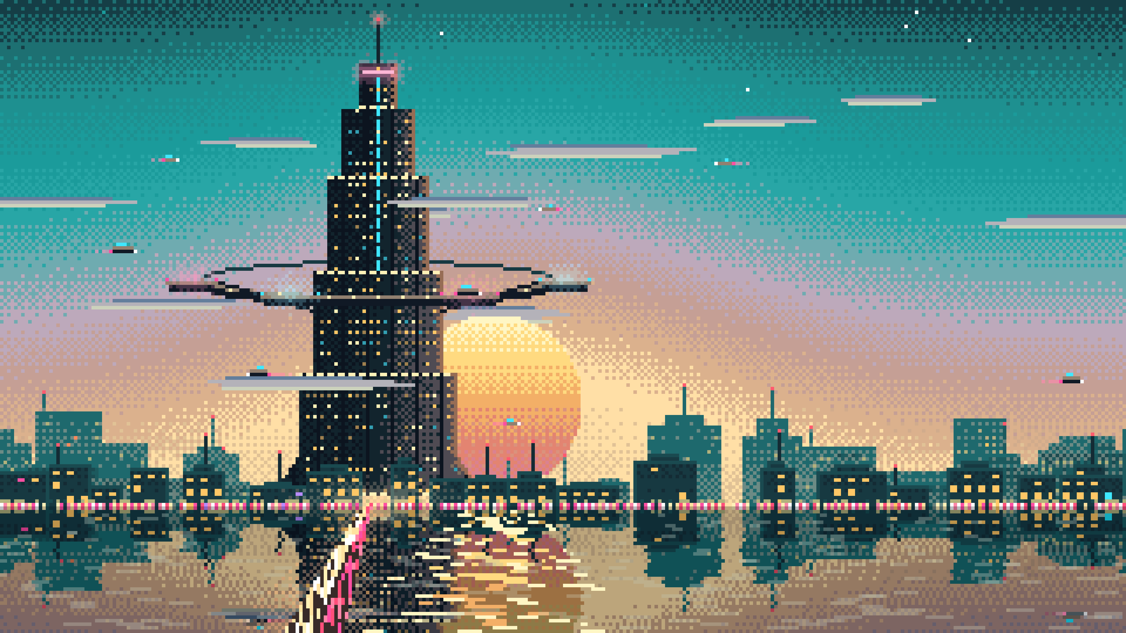 Teal Pixel Art Cyberpunk Megatower at Dusk desktop wallpaper in 4K