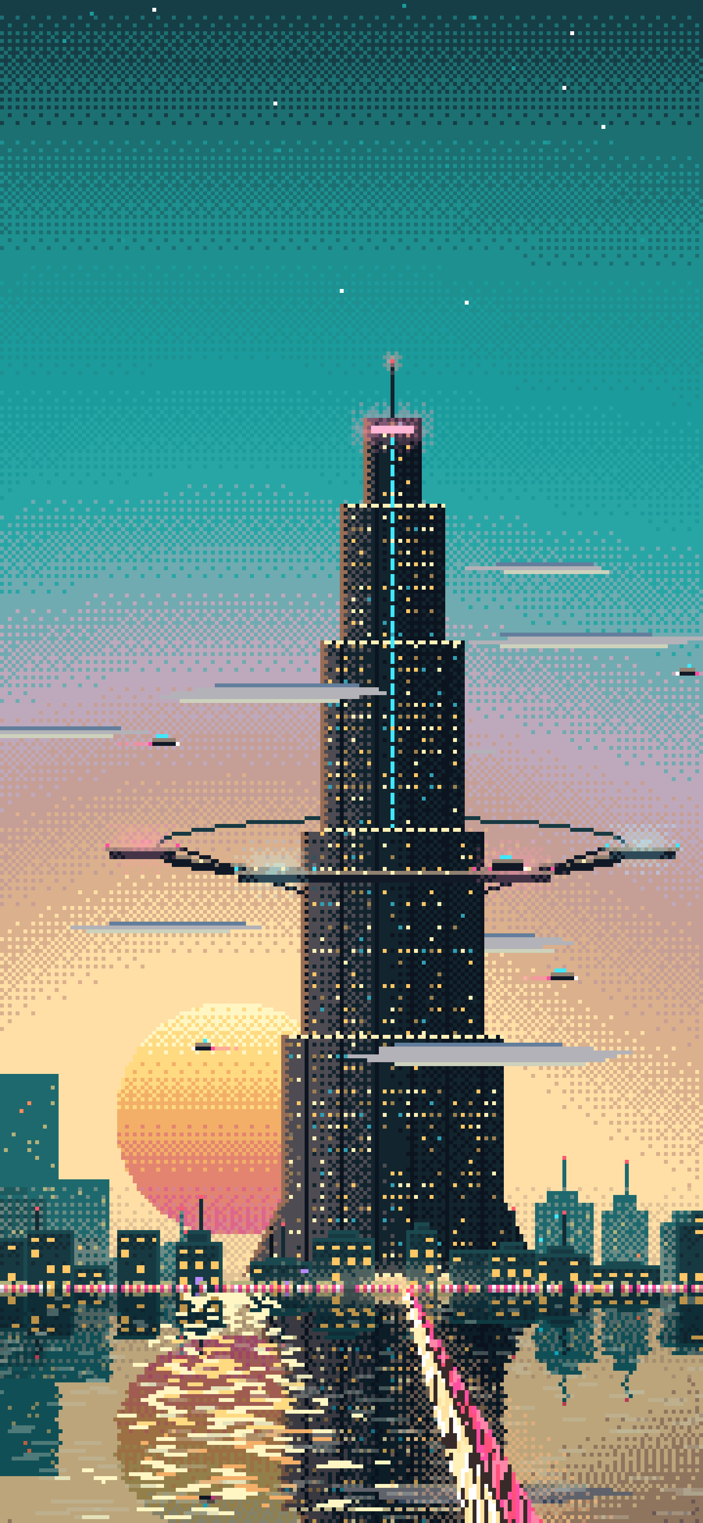 Teal Pixel Art Cyberpunk Megatower at Dusk wallpaper for iPhone and Android