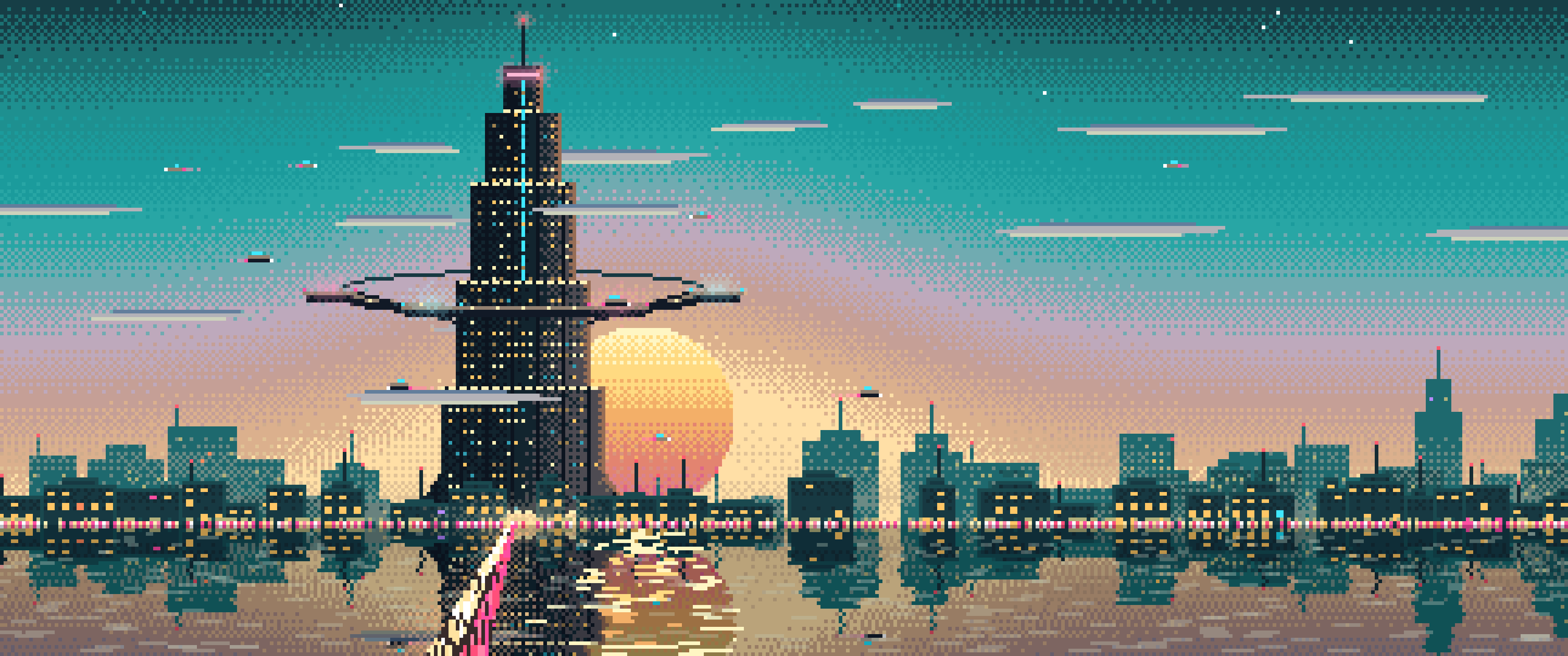 Teal Pixel Art Cyberpunk Megatower at Dusk ultrawide wallpaper, 3440 × 1440