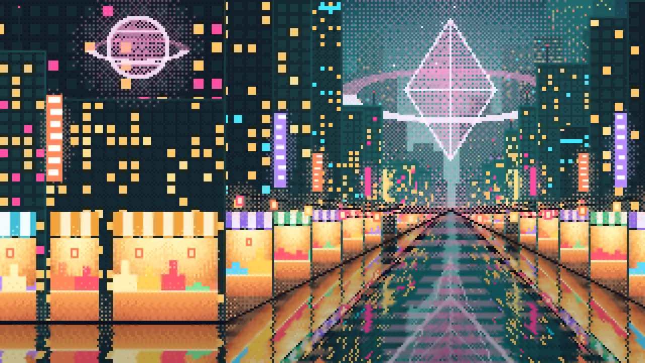 Teal Pixel Art Cyberpunk Night Market desktop wallpaper in 4K