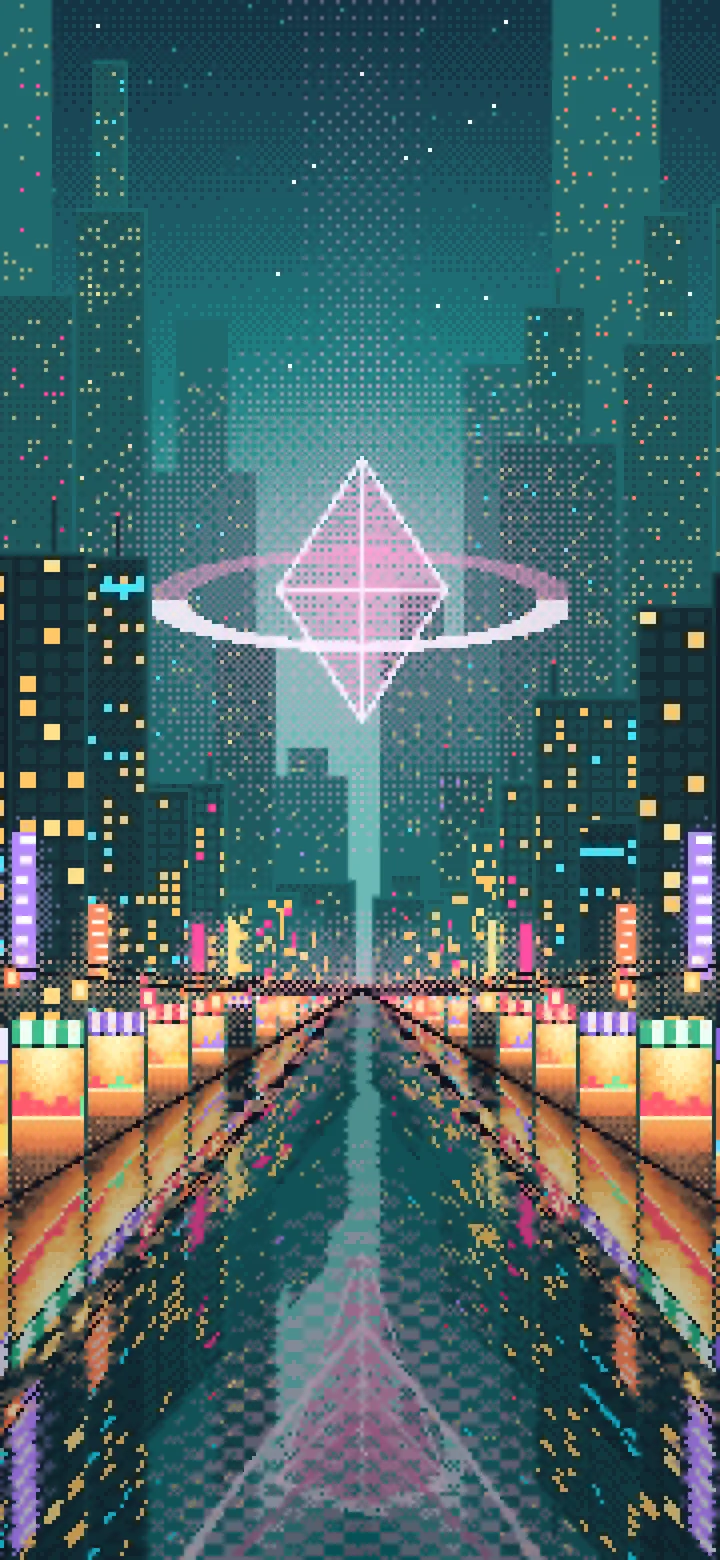 Teal Pixel Art Cyberpunk Night Market wallpaper for iPhone and Android