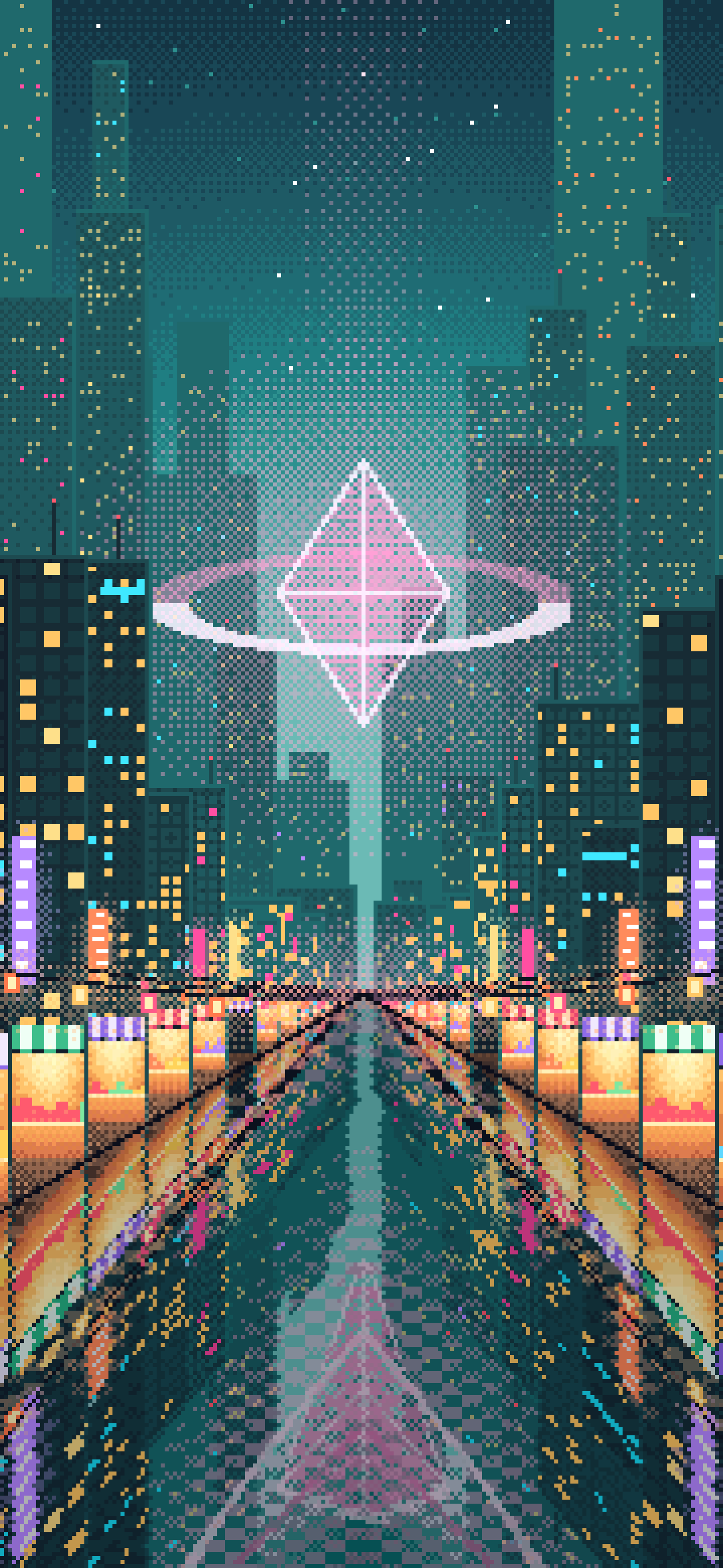 Teal Pixel Art Cyberpunk Night Market wallpaper for iPhone and Android