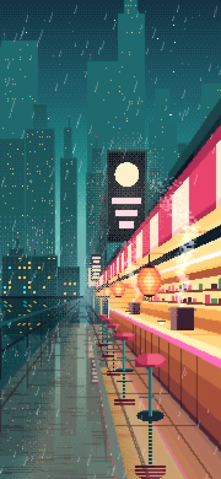 Teal Pixel Art Cyberpunk Noodle Bar in the Rain wallpaper for iPhone and Android