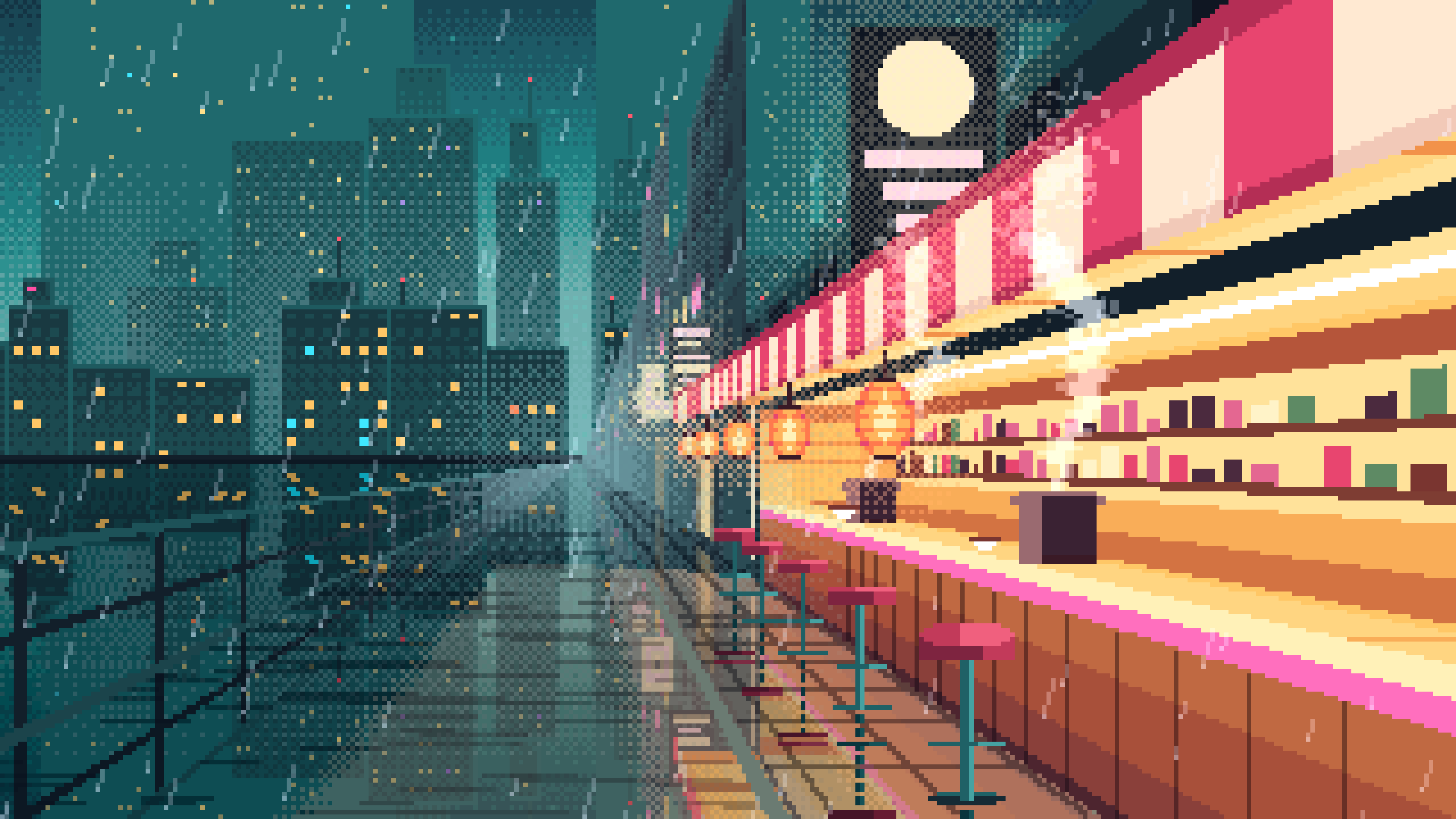 Teal Pixel Art Cyberpunk Noodle Bar in the Rain desktop wallpaper in 4K
