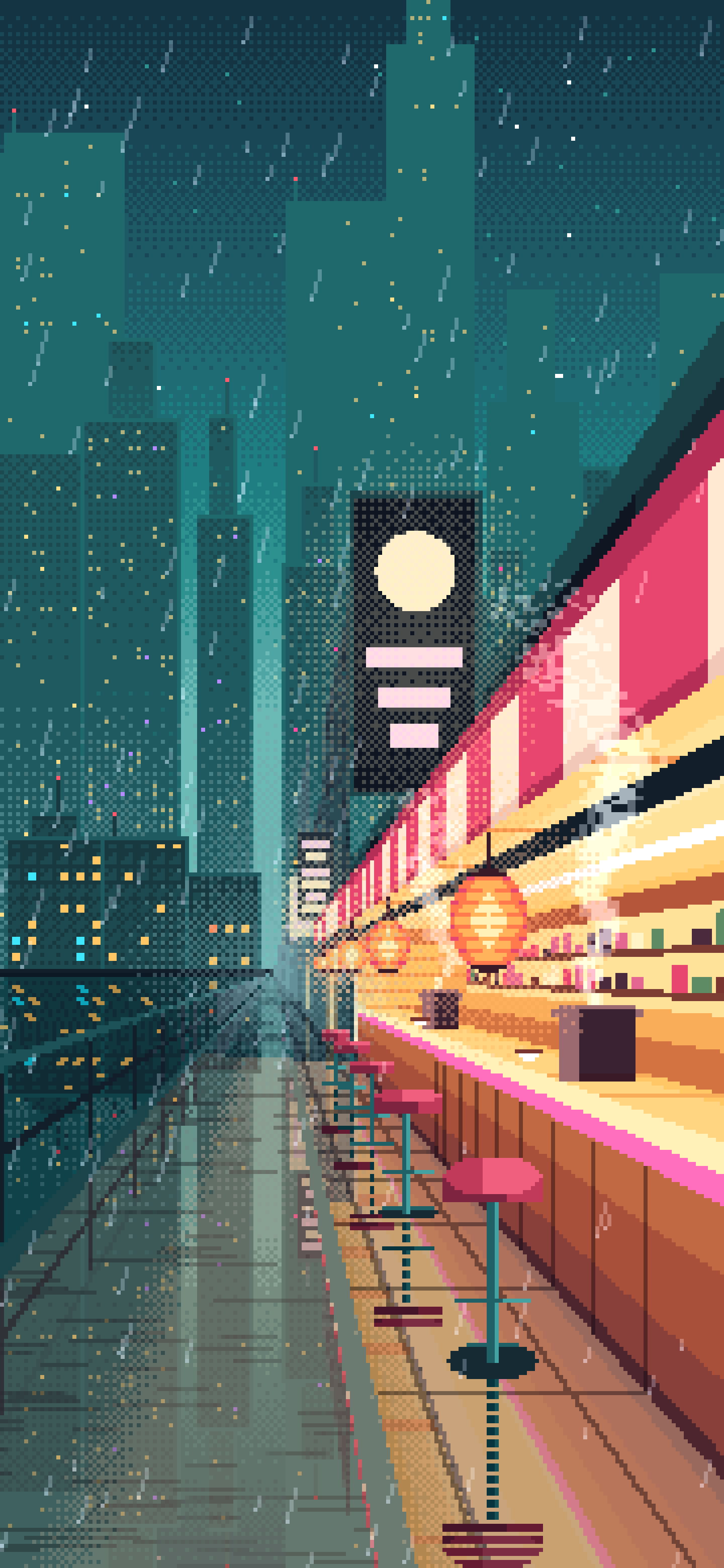 Teal Pixel Art Cyberpunk Noodle Bar in the Rain wallpaper for iPhone and Android