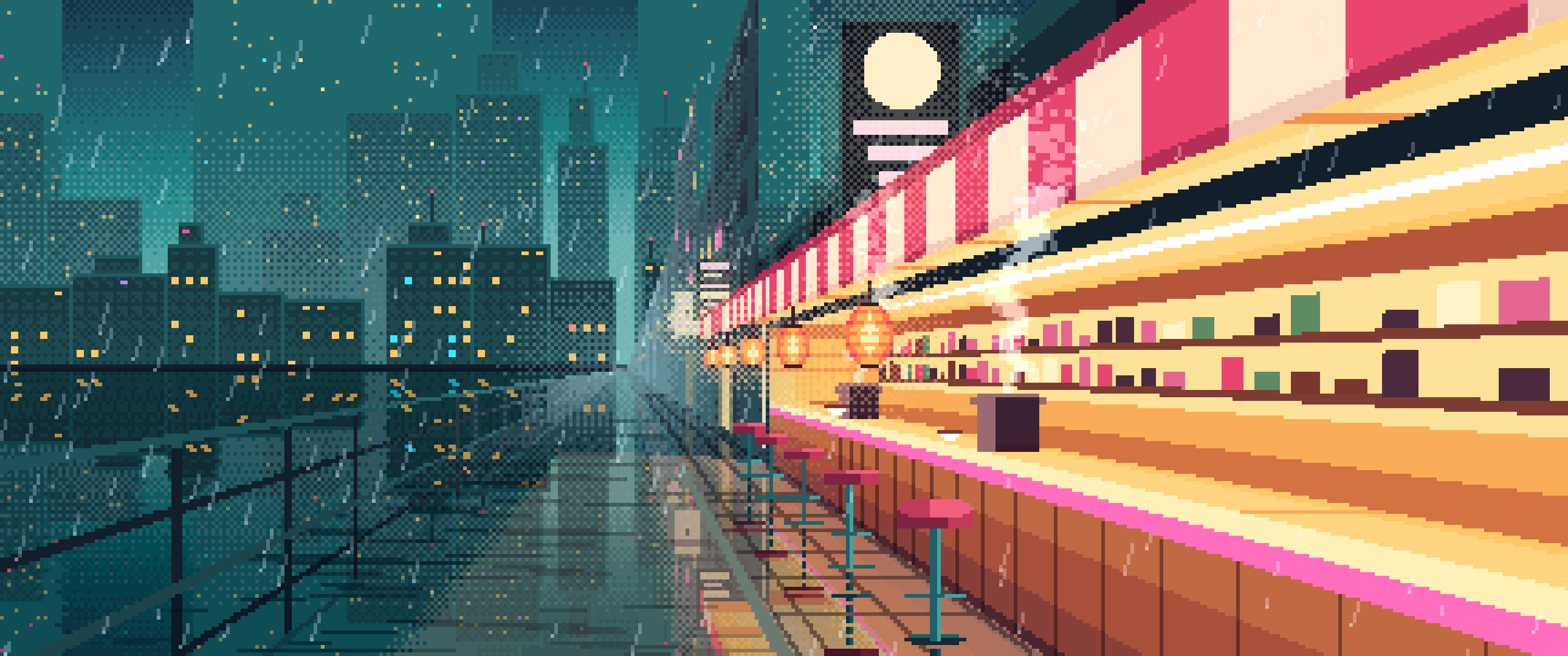 Teal Pixel Art Cyberpunk Noodle Bar in the Rain ultrawide wallpaper, 3440 × 1440