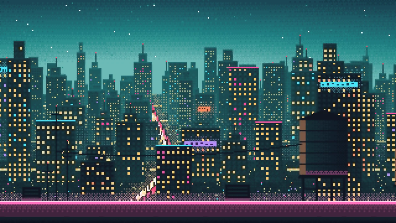 Teal Pixel Art Cyberpunk Rooftop City View desktop wallpaper in 4K
