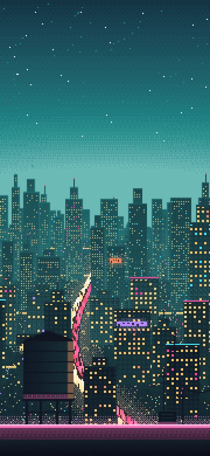 Teal Pixel Art Cyberpunk Rooftop City View wallpaper for iPhone and Android