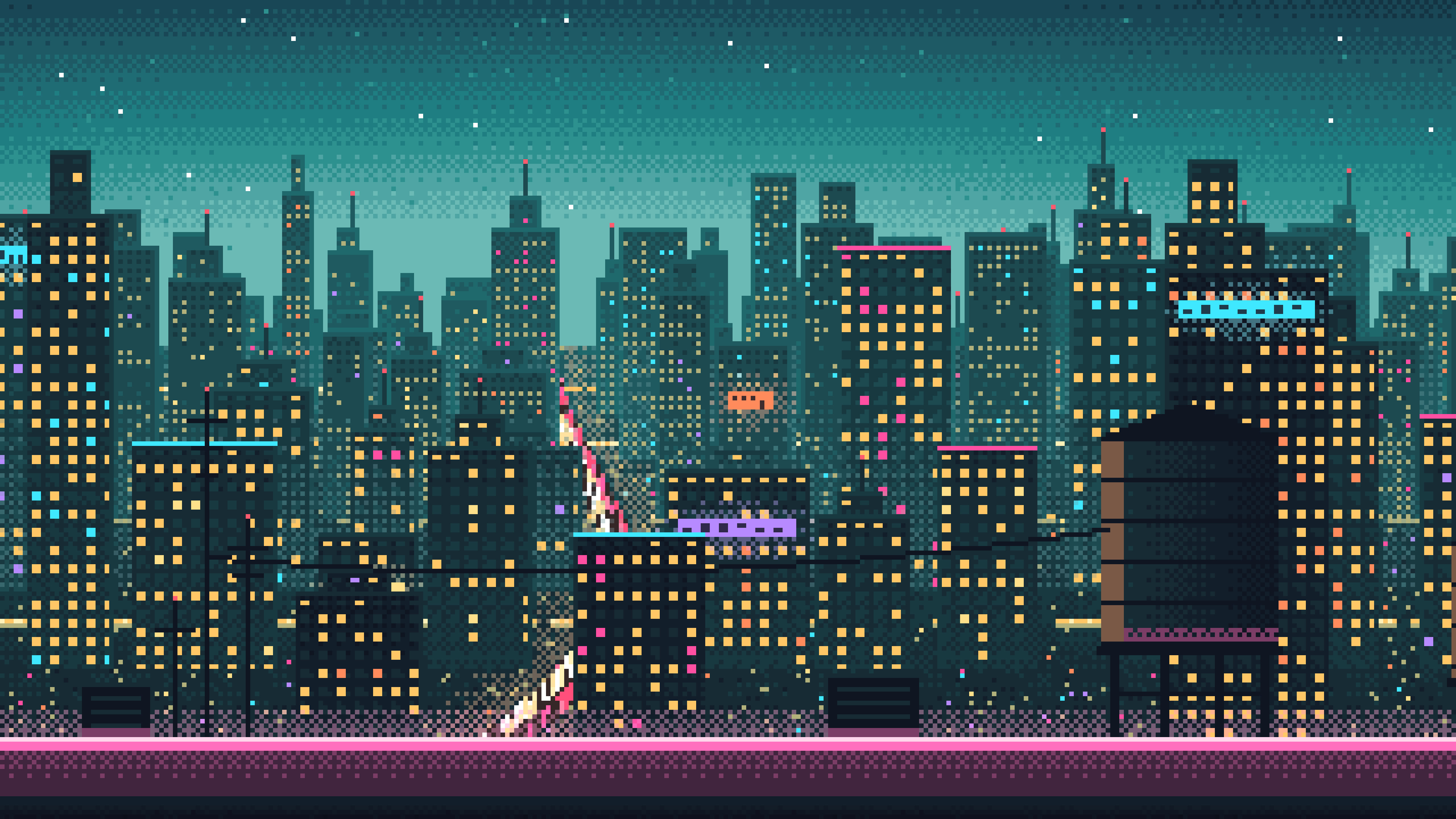 Teal Pixel Art Cyberpunk Rooftop City View desktop wallpaper in 4K