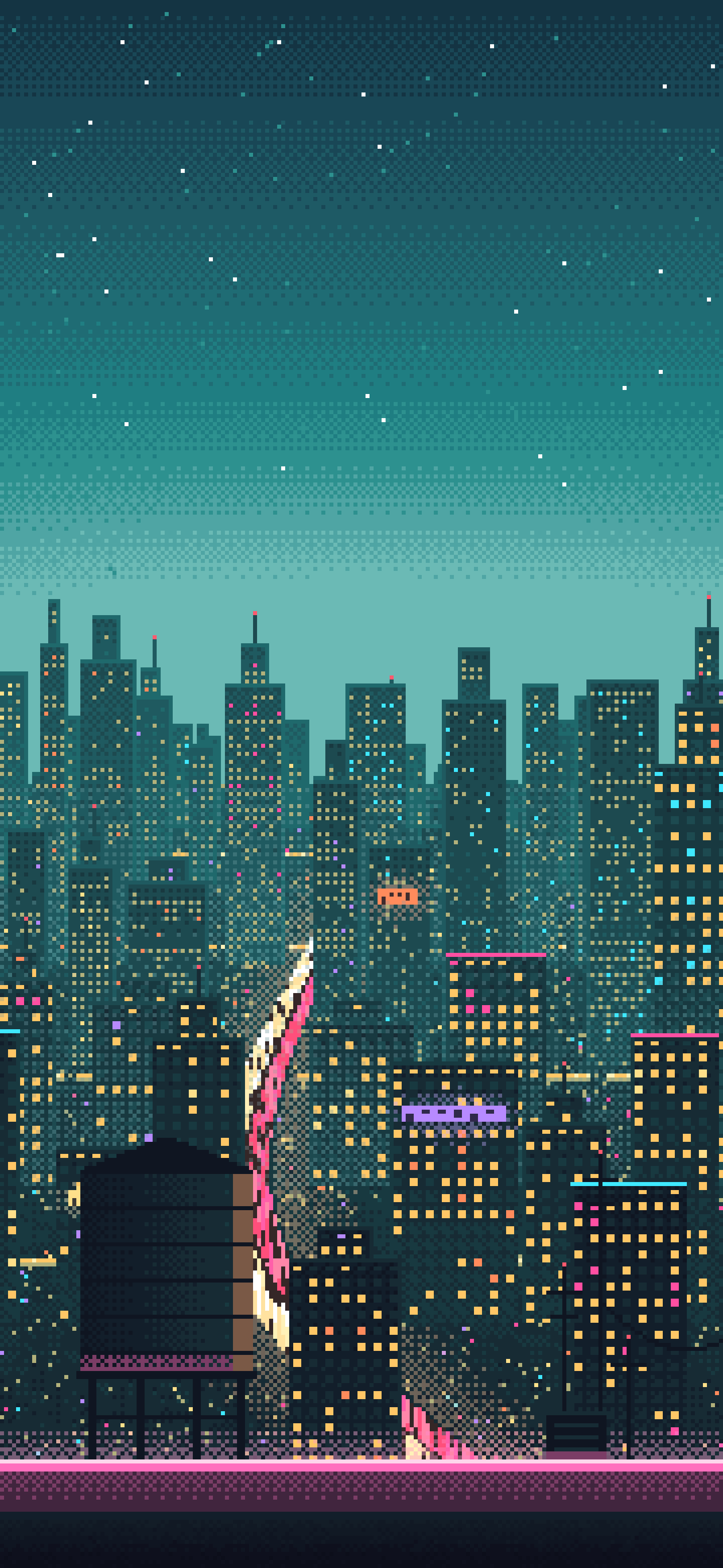 Teal Pixel Art Cyberpunk Rooftop City View wallpaper for iPhone and Android