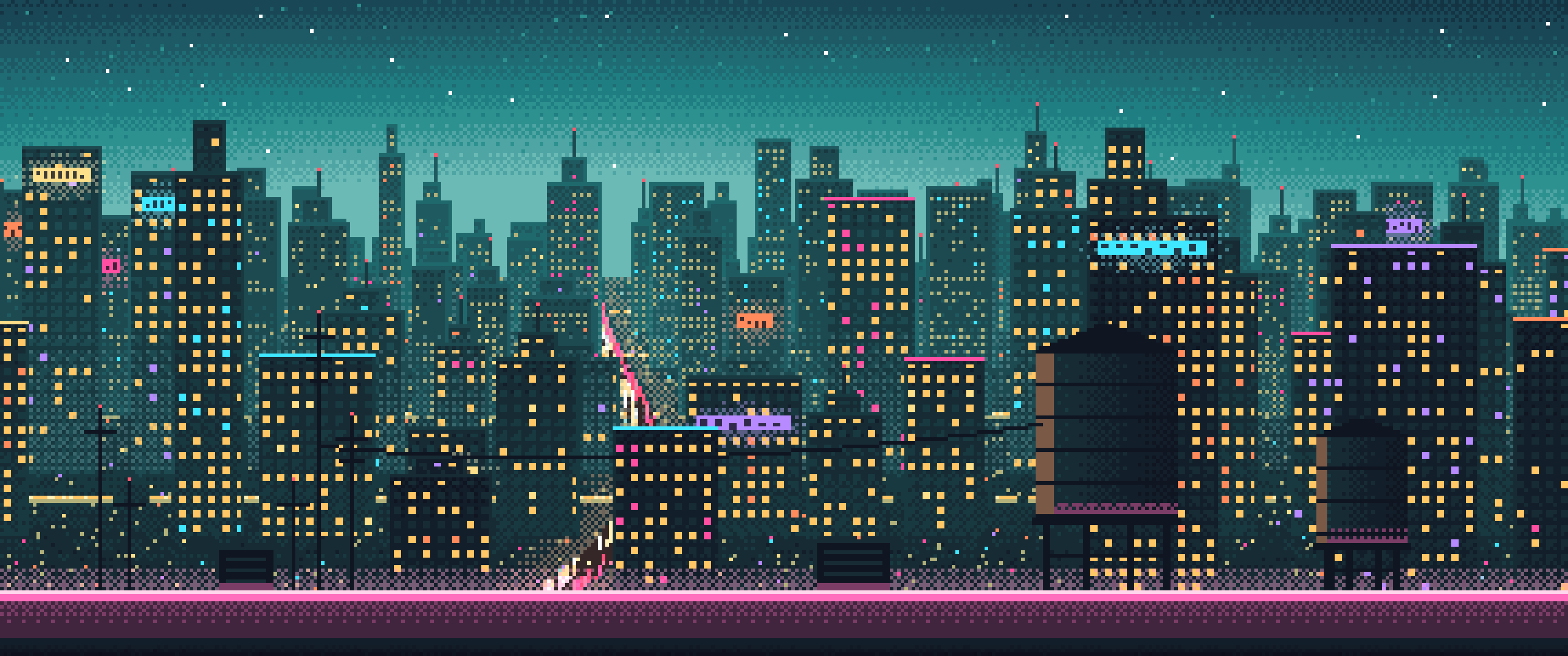Teal Pixel Art Cyberpunk Rooftop City View ultrawide wallpaper, 3440 × 1440