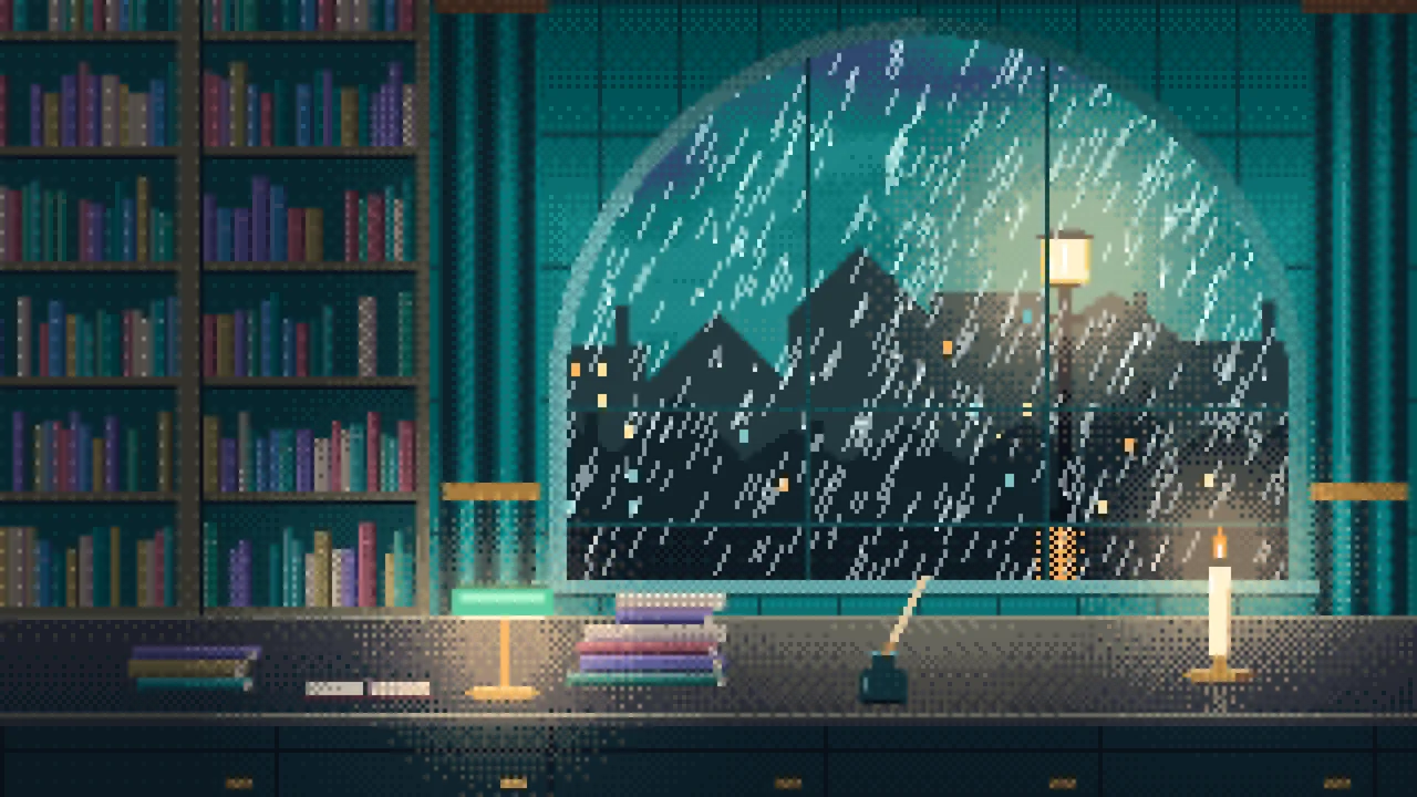Teal Pixel Art Dark Academia Study Window in the Rain desktop wallpaper in 4K