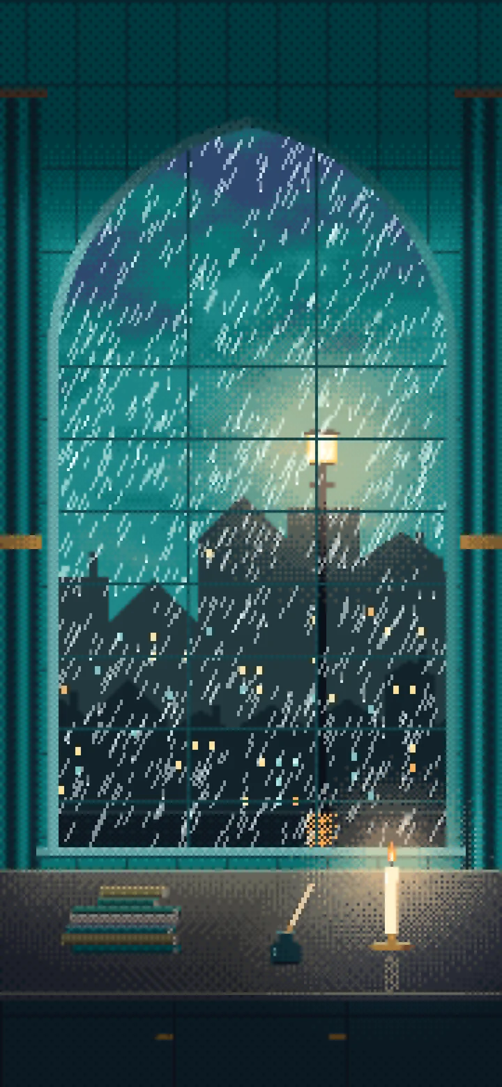 Teal Pixel Art Dark Academia Study Window in the Rain wallpaper for iPhone and Android