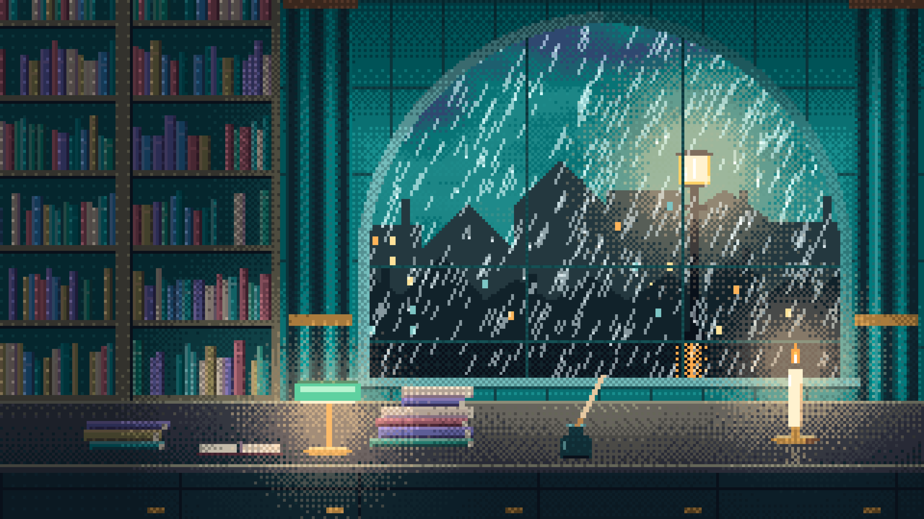 Teal Pixel Art Dark Academia Study Window in the Rain desktop wallpaper in 4K
