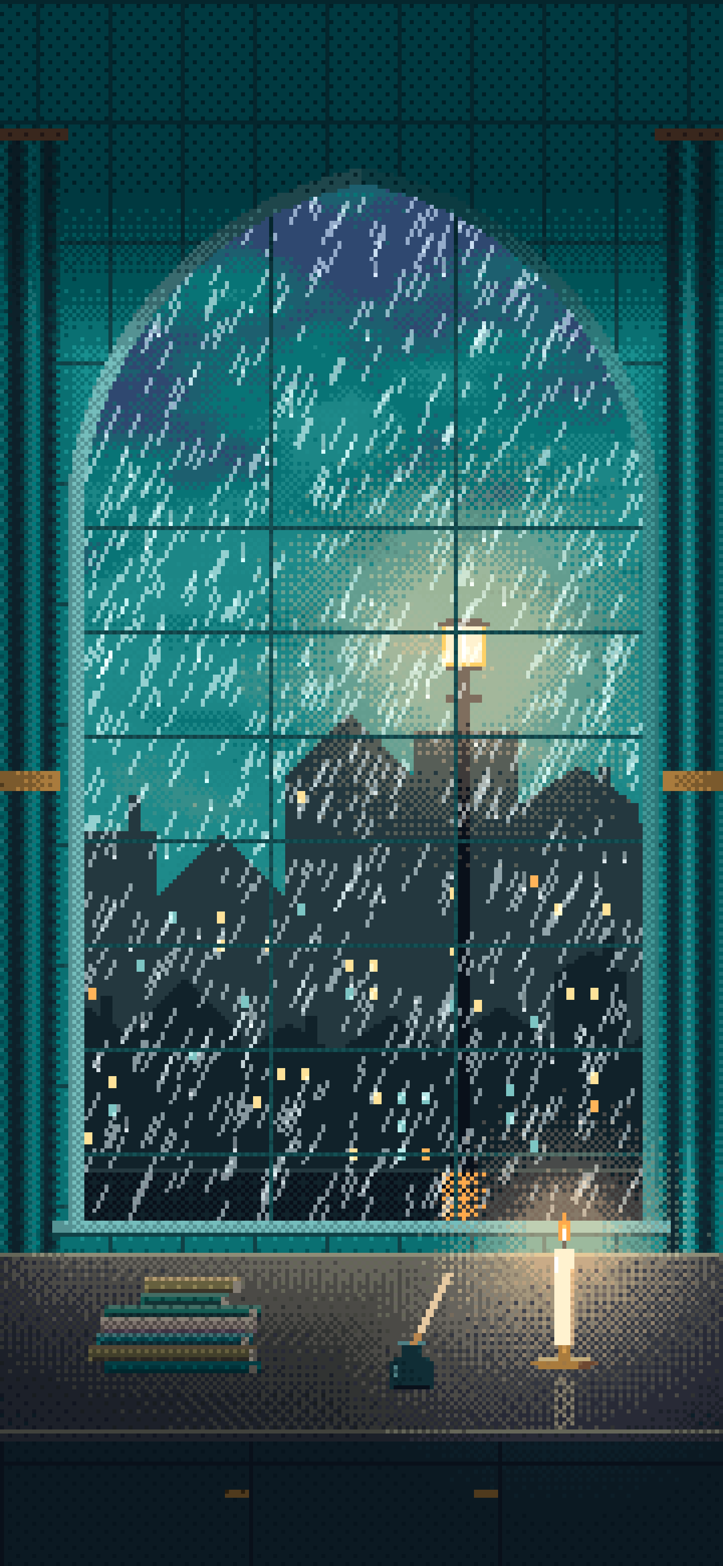 Teal Pixel Art Dark Academia Study Window in the Rain wallpaper for iPhone and Android