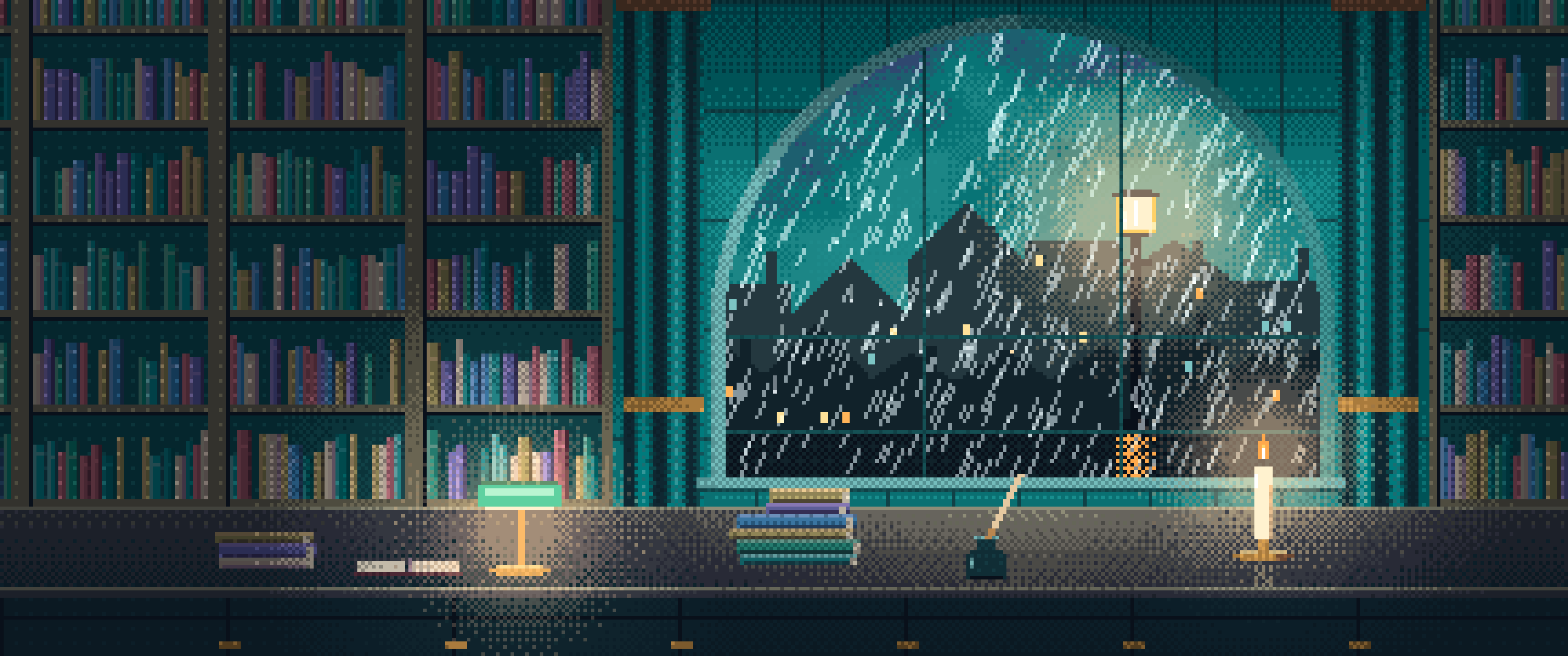 Teal Pixel Art Dark Academia Study Window in the Rain ultrawide wallpaper, 3440 × 1440