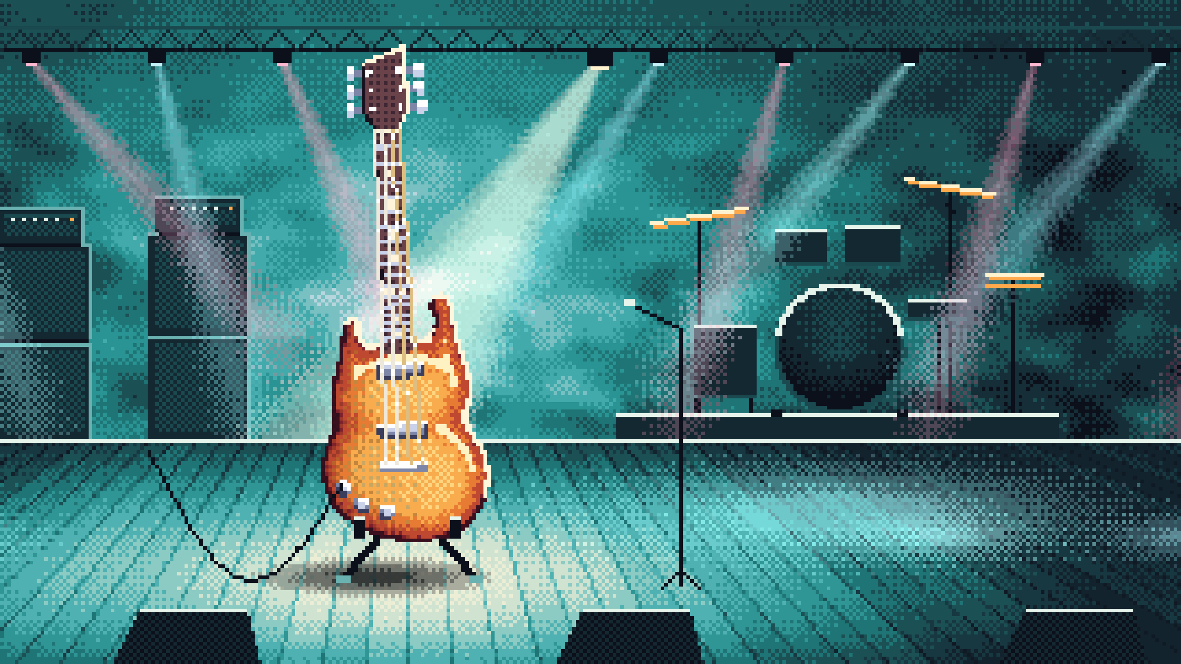 Teal Pixel Art Electric Guitar on Stage desktop wallpaper in 4K