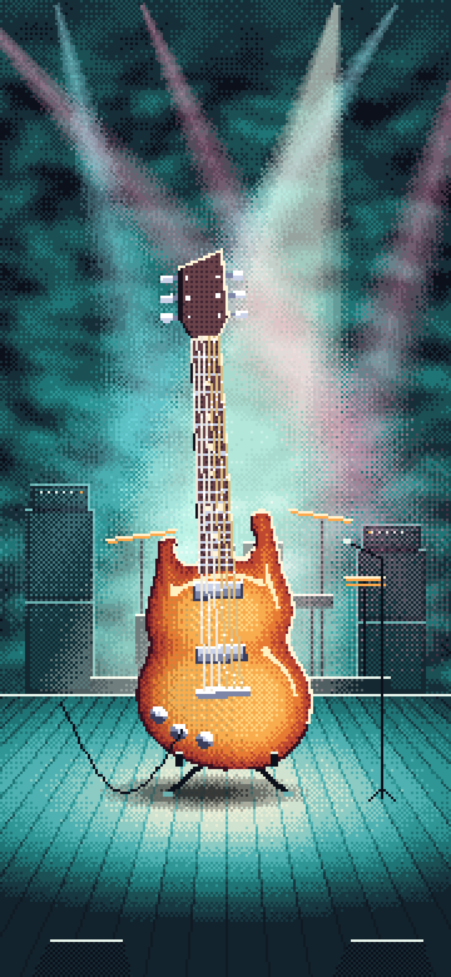 Teal Pixel Art Electric Guitar on Stage wallpaper for iPhone and Android