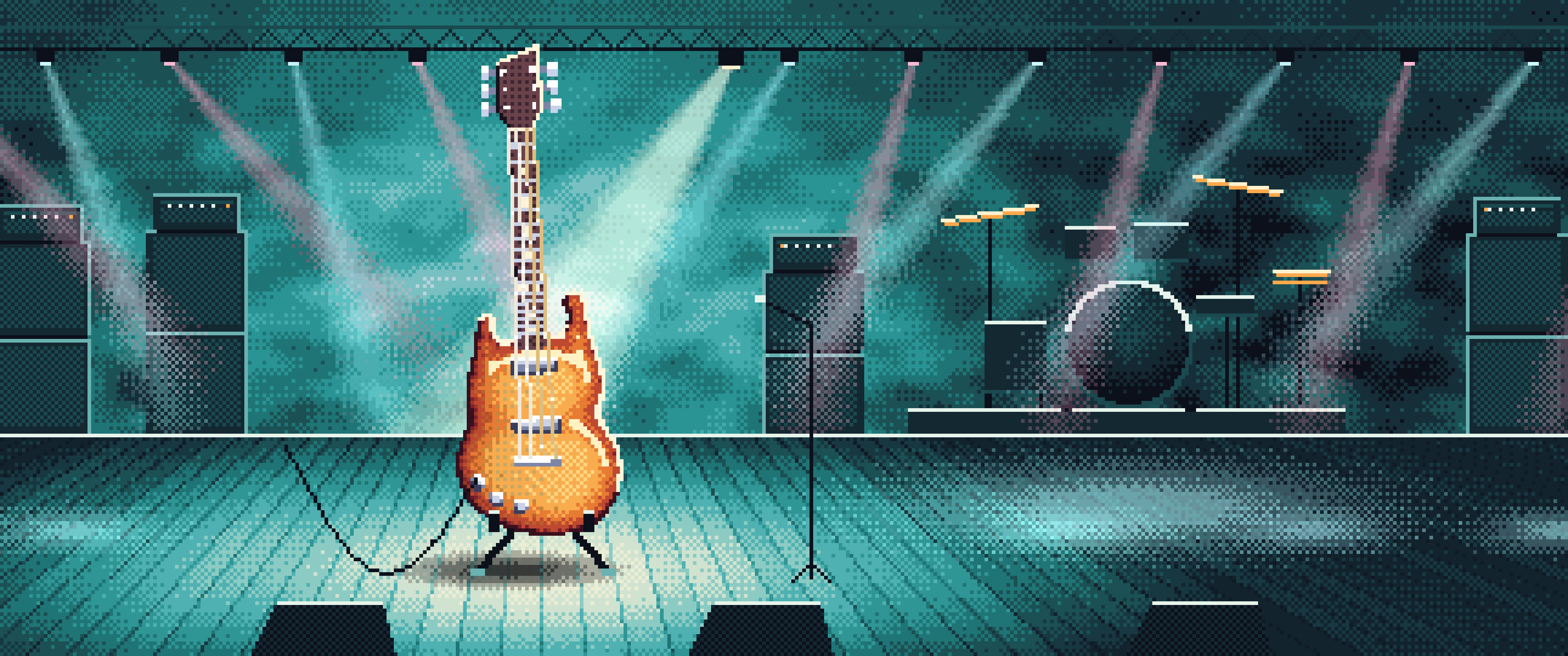 Teal Pixel Art Electric Guitar on Stage ultrawide wallpaper, 3440 × 1440