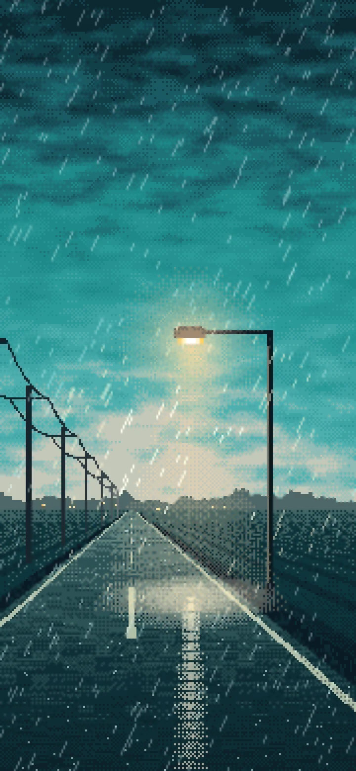 Teal Pixel Art Empty Road in the Rain at Night wallpaper for iPhone and Android