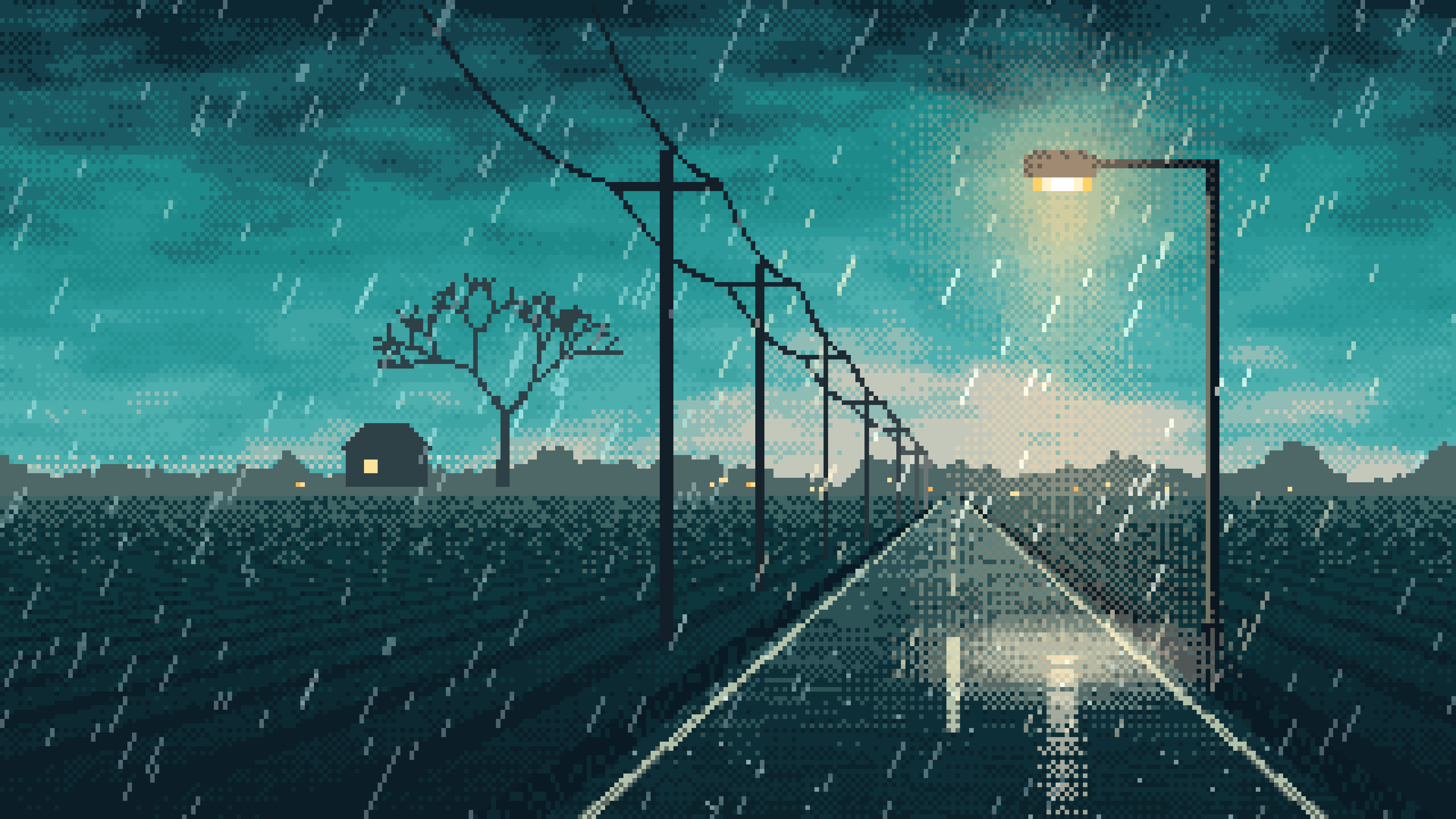 Teal Pixel Art Empty Road in the Rain at Night desktop wallpaper in 4K