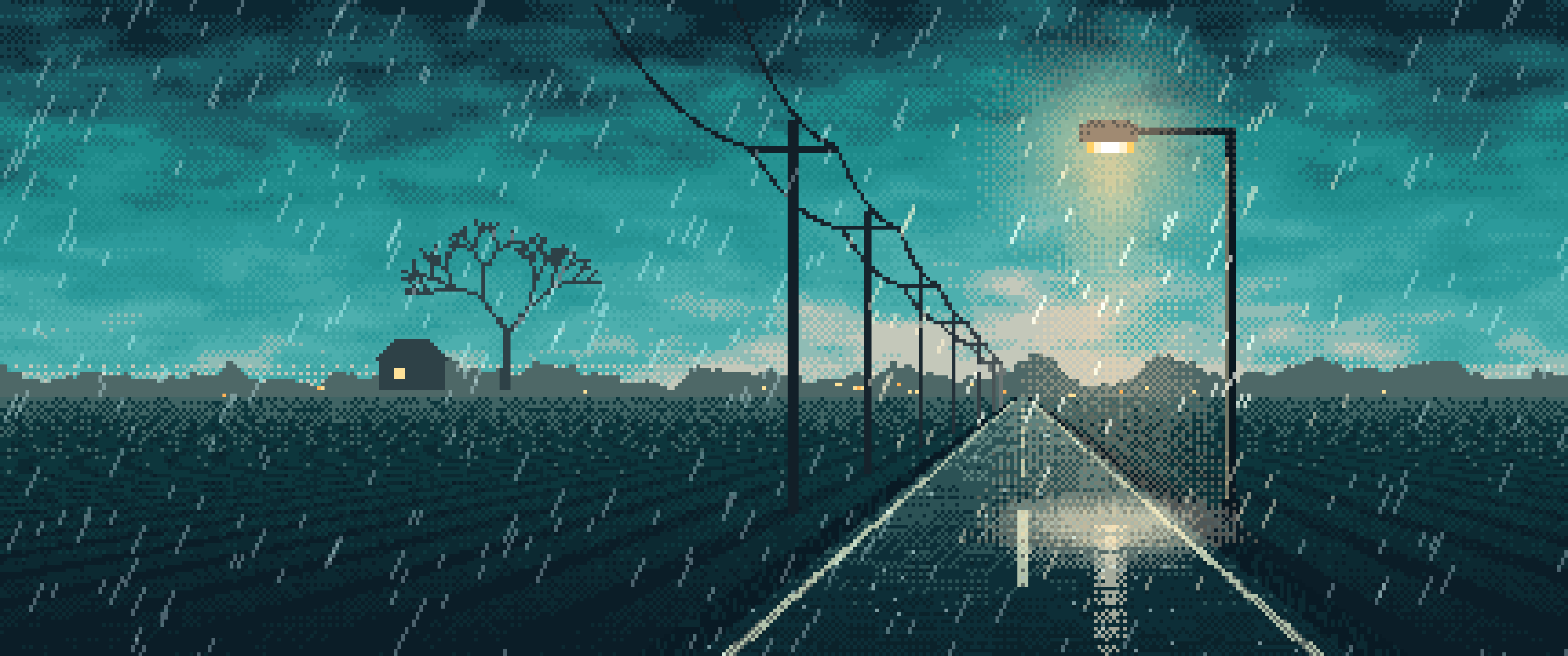 Teal Pixel Art Empty Road in the Rain at Night ultrawide wallpaper, 3440 × 1440