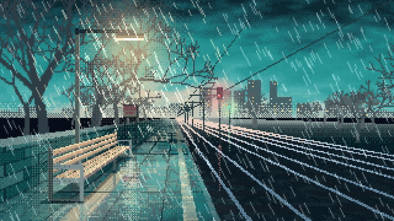 Teal Pixel Art Empty Train Platform in the Rain desktop wallpaper in 4K