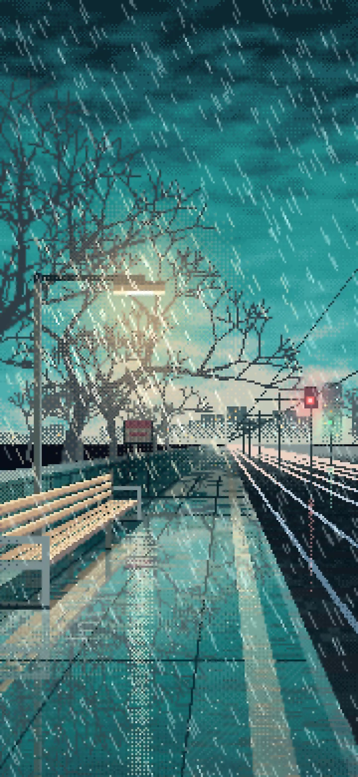 Teal Pixel Art Empty Train Platform in the Rain wallpaper for iPhone and Android