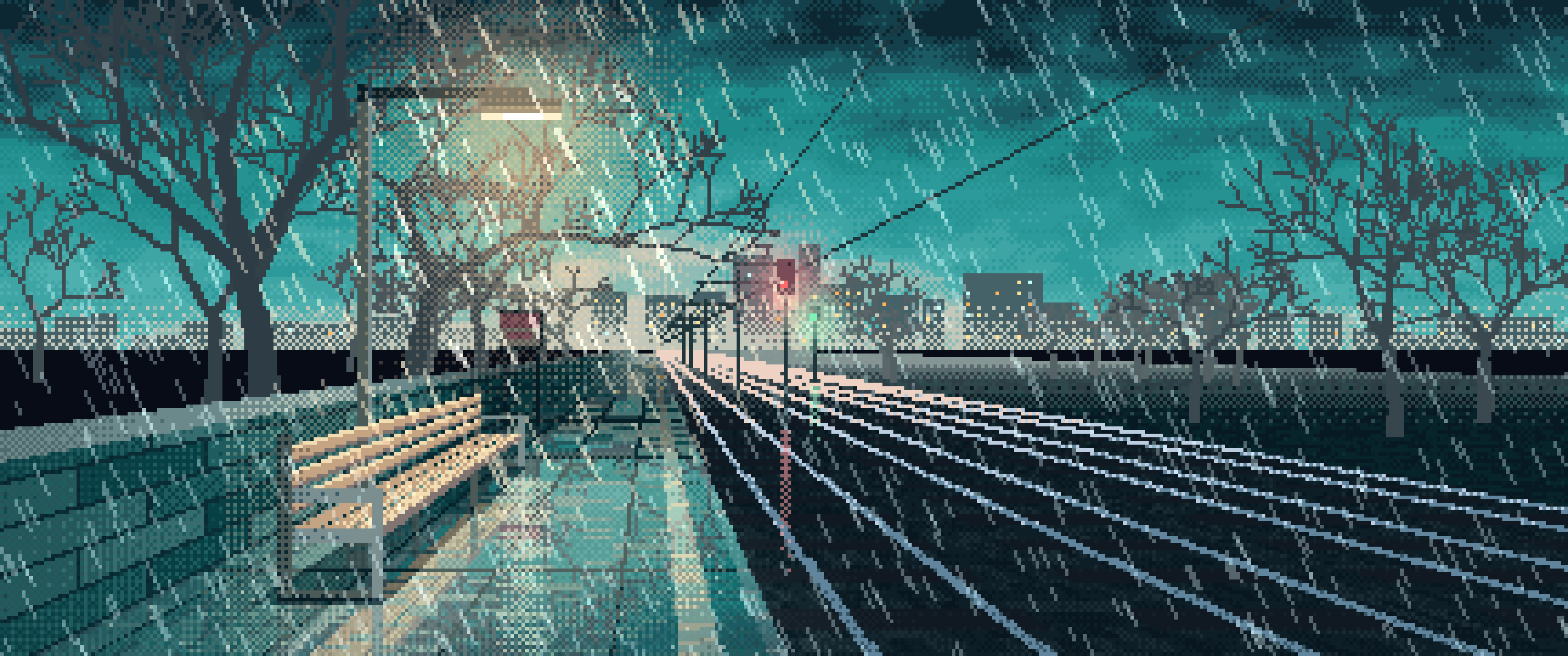 Teal Pixel Art Empty Train Platform in the Rain ultrawide wallpaper, 3440 × 1440