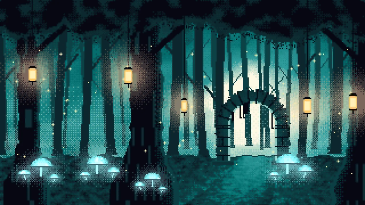 Teal Pixel Art Enchanted Forest desktop wallpaper in 4K