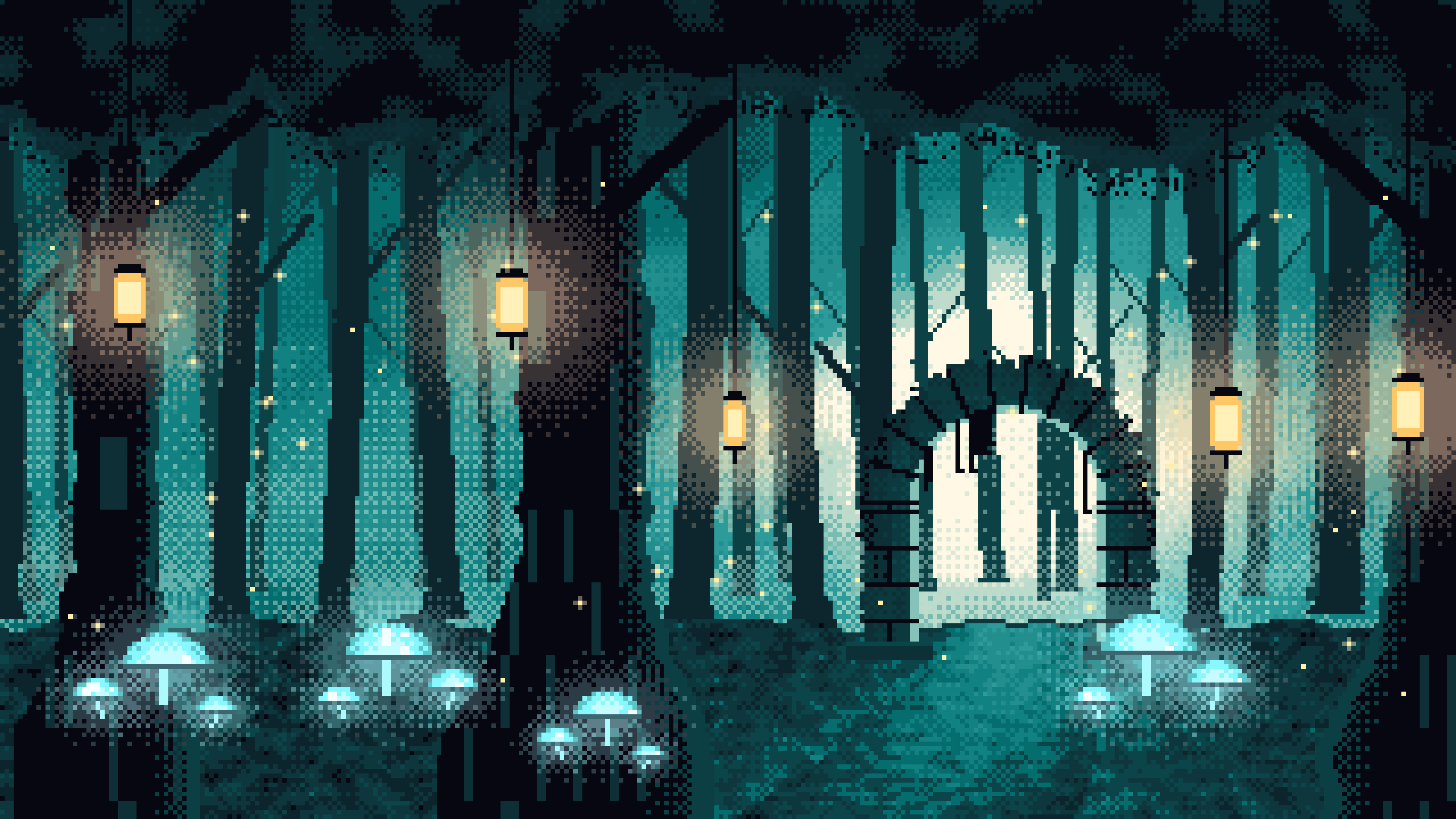 Teal Pixel Art Enchanted Forest desktop wallpaper in 4K