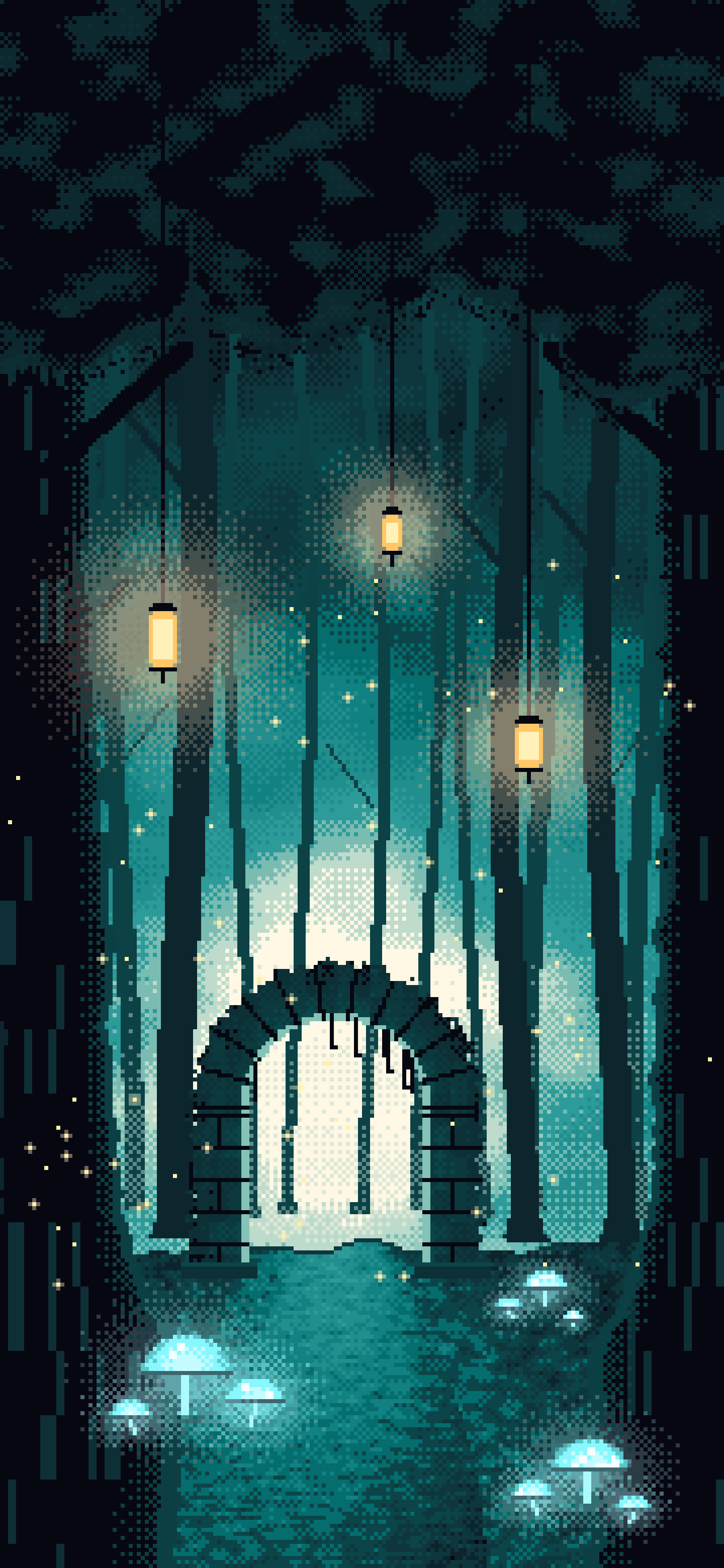 Teal Pixel Art Enchanted Forest wallpaper for iPhone and Android