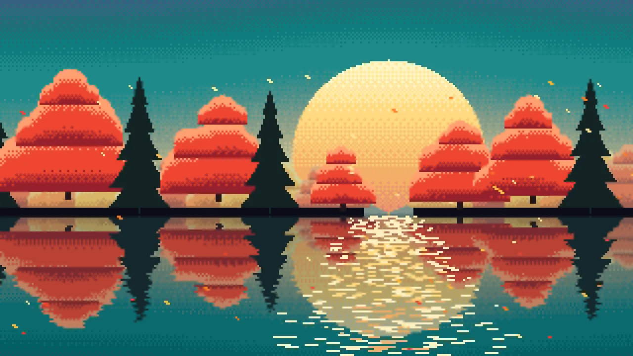 Teal Pixel Art Fall Lake desktop wallpaper in 4K