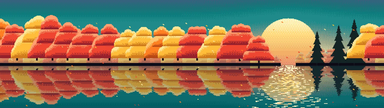 Teal Pixel Art Fall Lake dual monitor wallpaper, 7680 × 2160