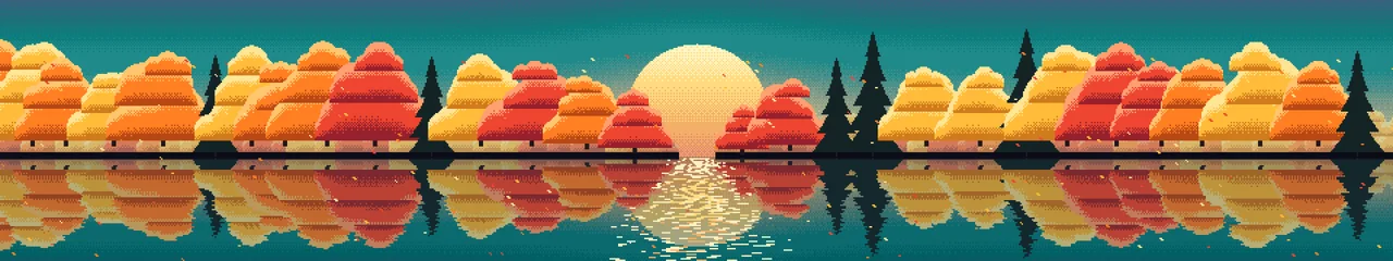 Teal Pixel Art Fall Lake triple monitor wallpaper, 7680 × 1440
