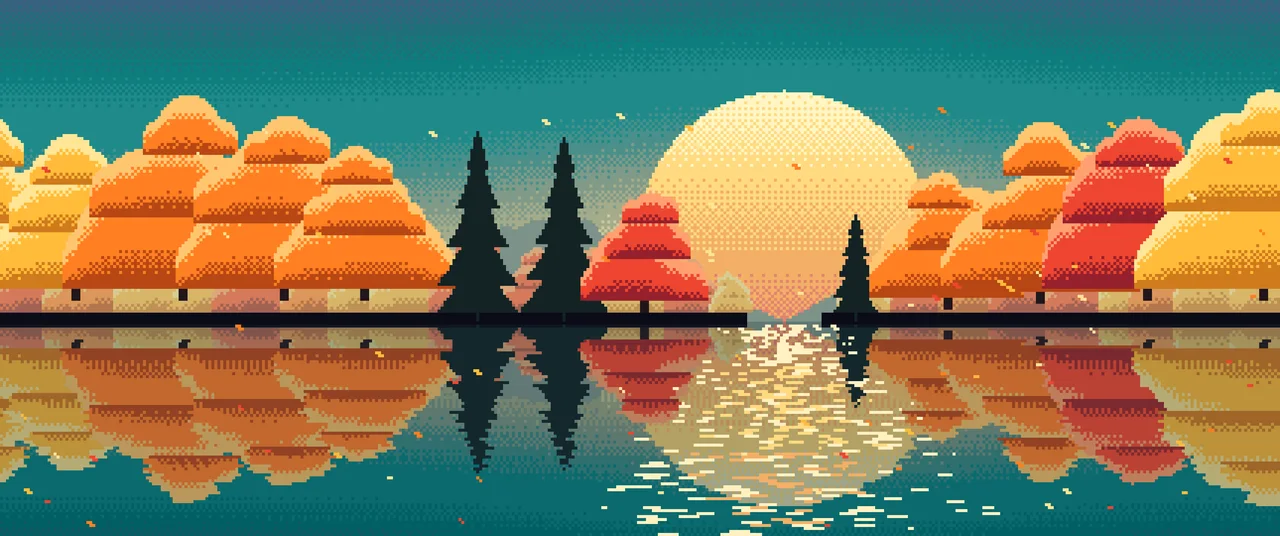 Teal Pixel Art Fall Lake ultrawide wallpaper, 3440 × 1440