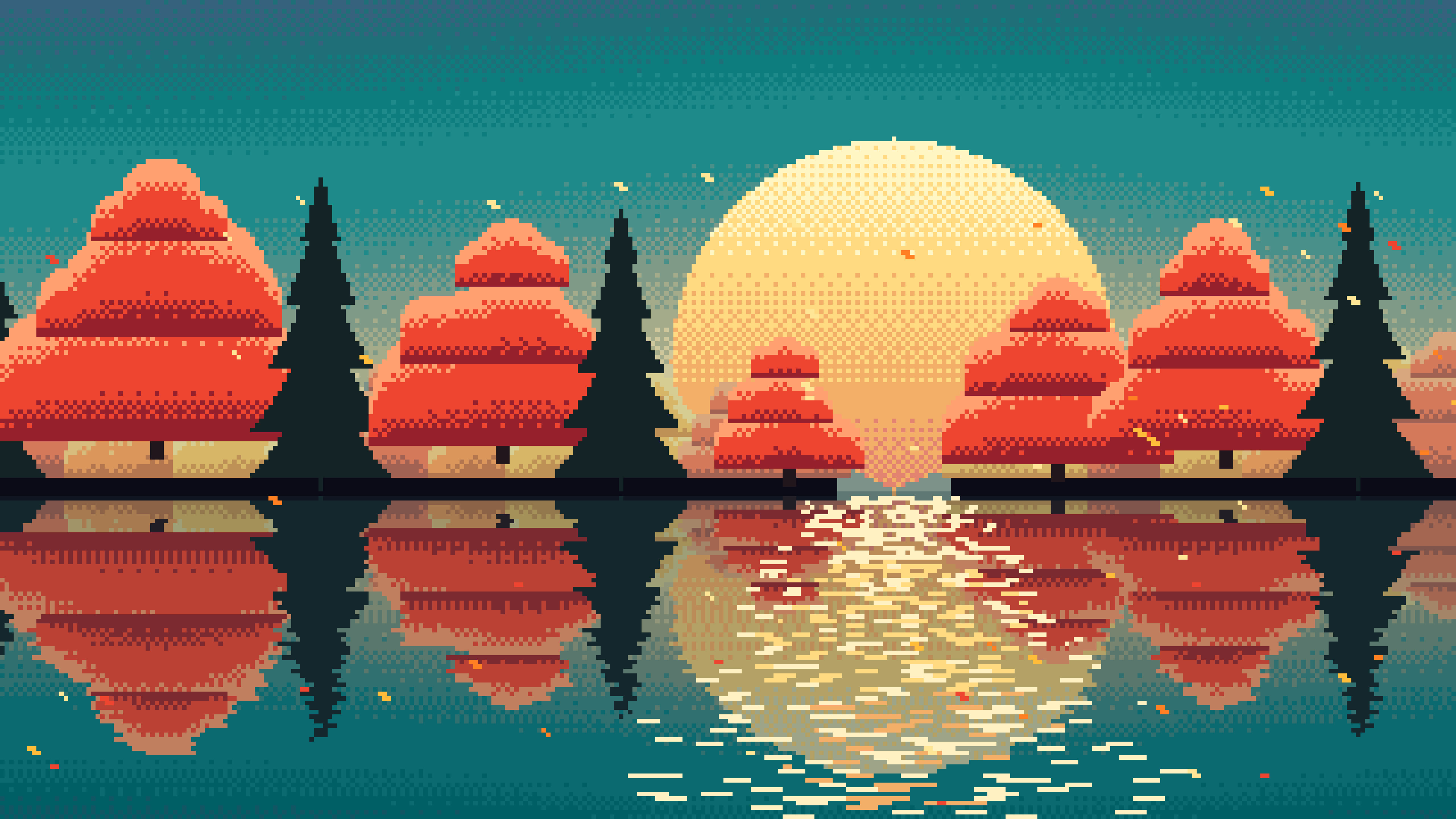 Teal Pixel Art Fall Lake desktop wallpaper in 4K