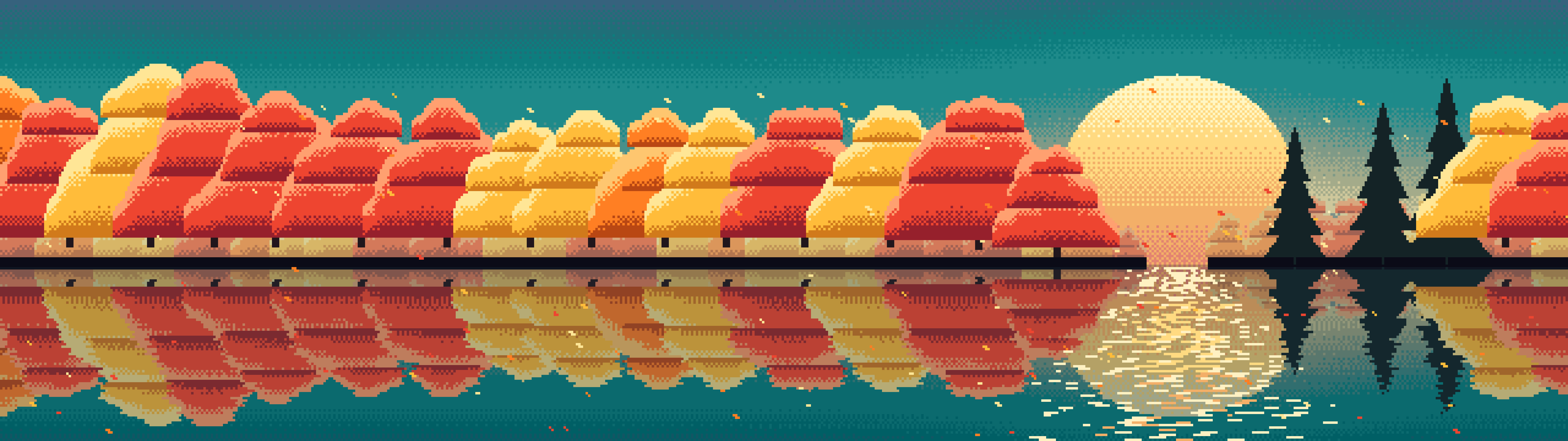 Teal Pixel Art Fall Lake dual monitor wallpaper, 7680 × 2160