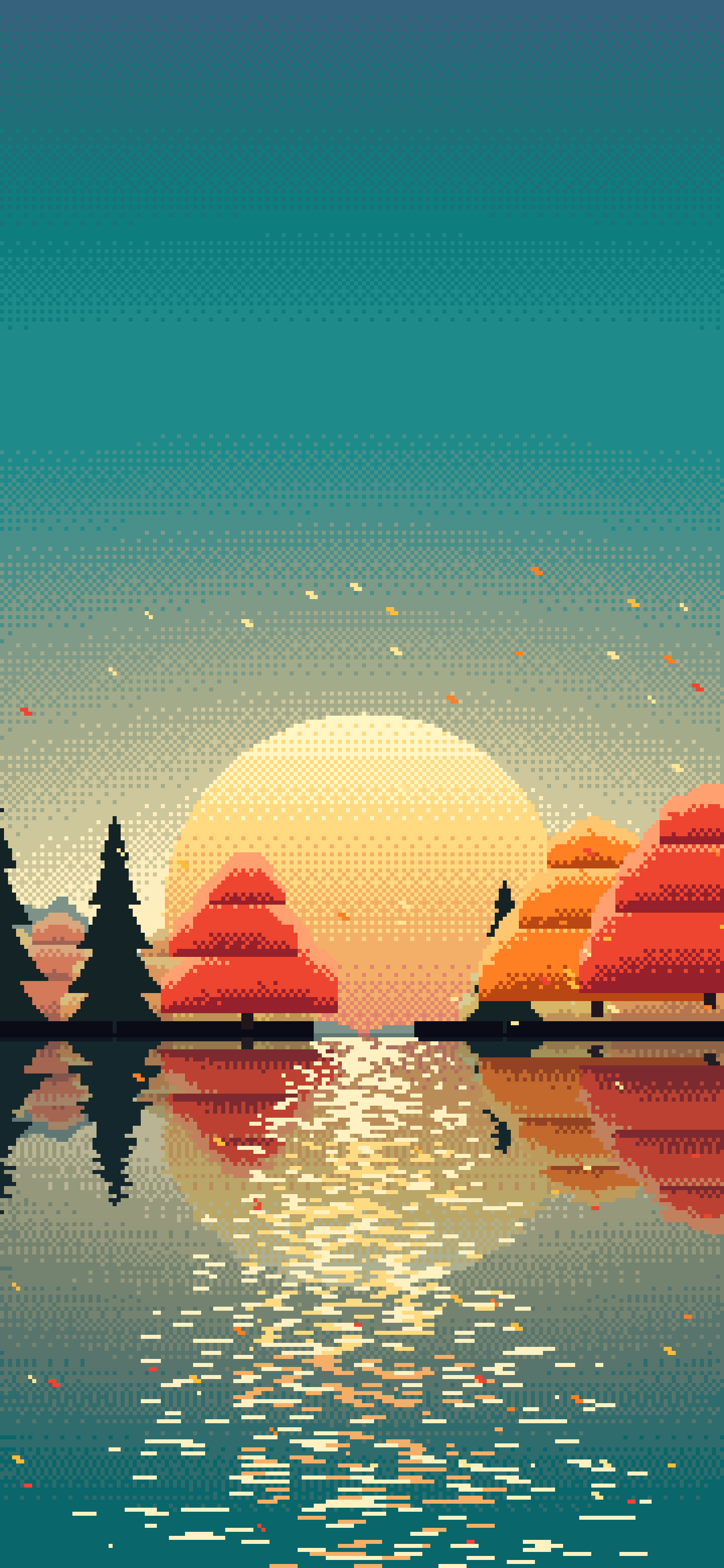 Teal Pixel Art Fall Lake wallpaper for iPhone and Android
