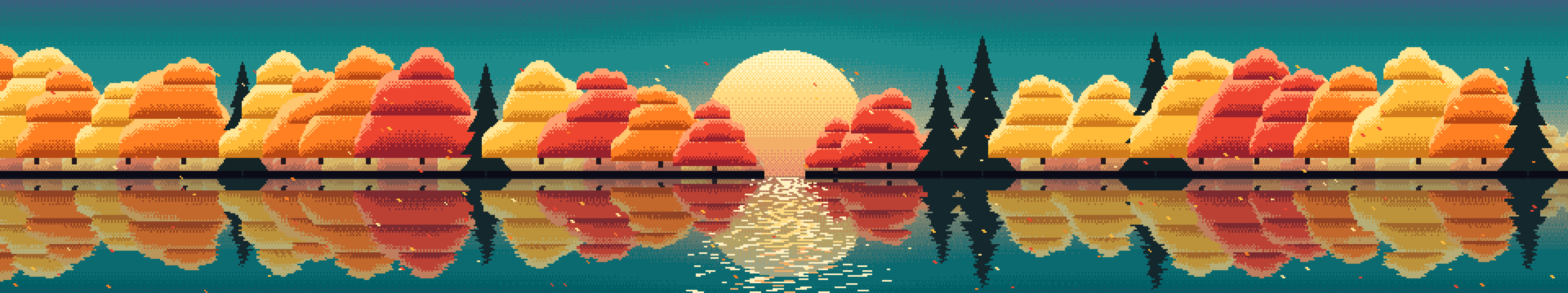 Teal Pixel Art Fall Lake triple monitor wallpaper, 7680 × 1440
