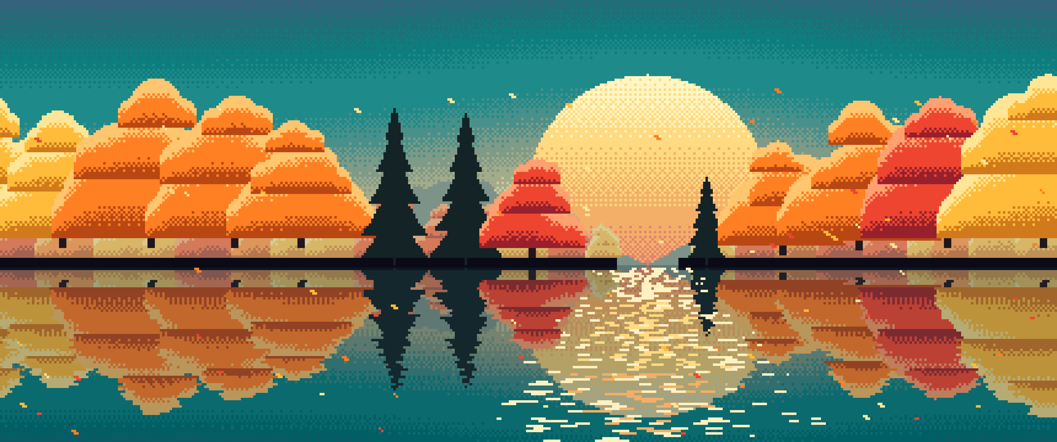 Teal Pixel Art Fall Lake ultrawide wallpaper, 3440 × 1440