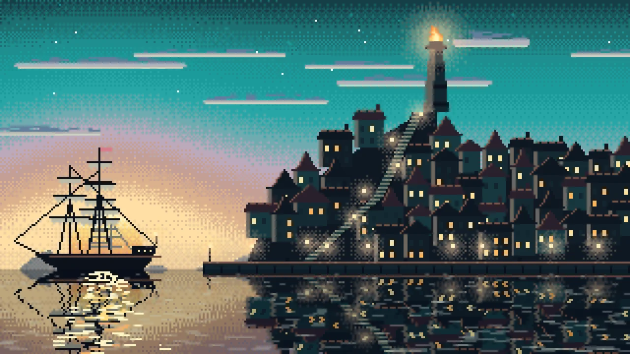 Teal Pixel Art Fantasy Harbor Town at Dusk desktop wallpaper in 4K