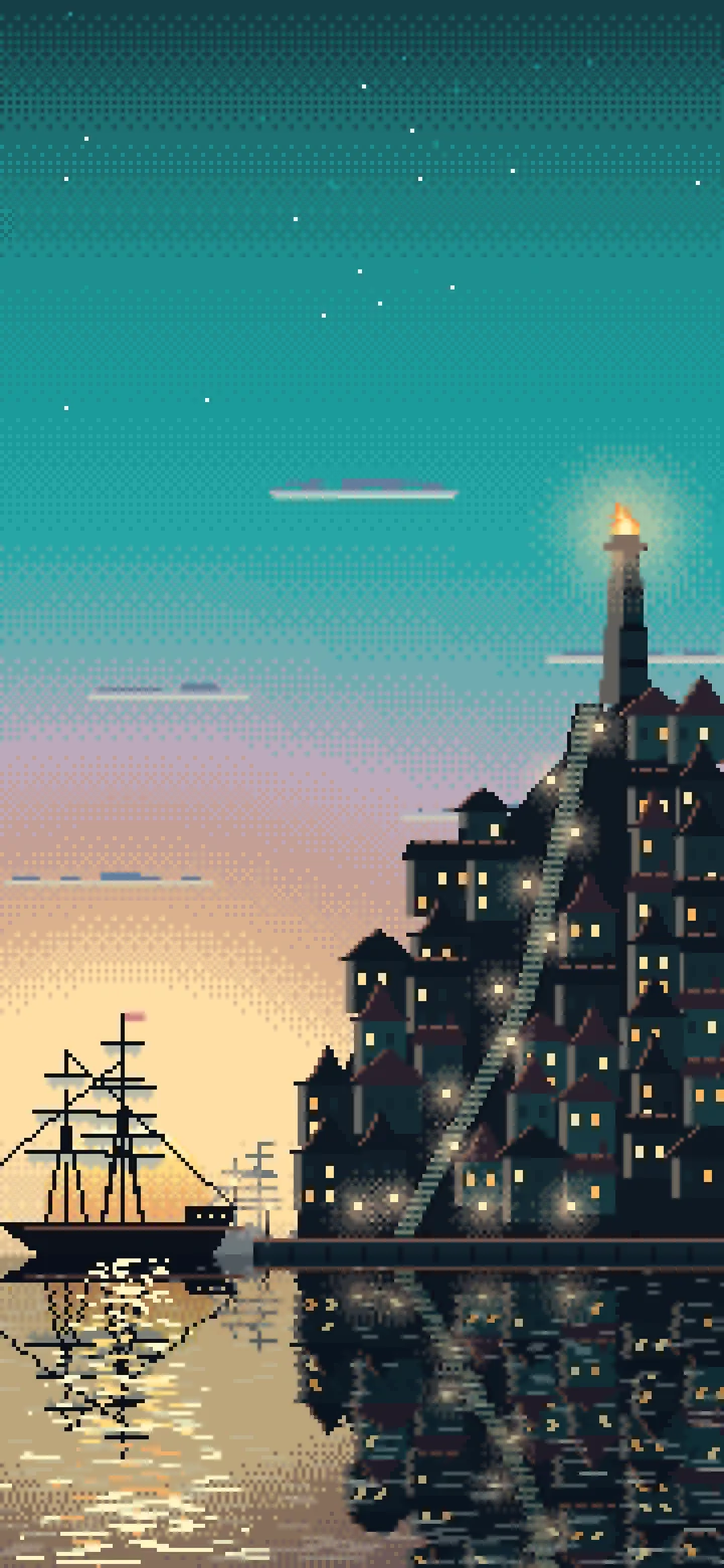 Teal Pixel Art Fantasy Harbor Town at Dusk wallpaper for iPhone and Android