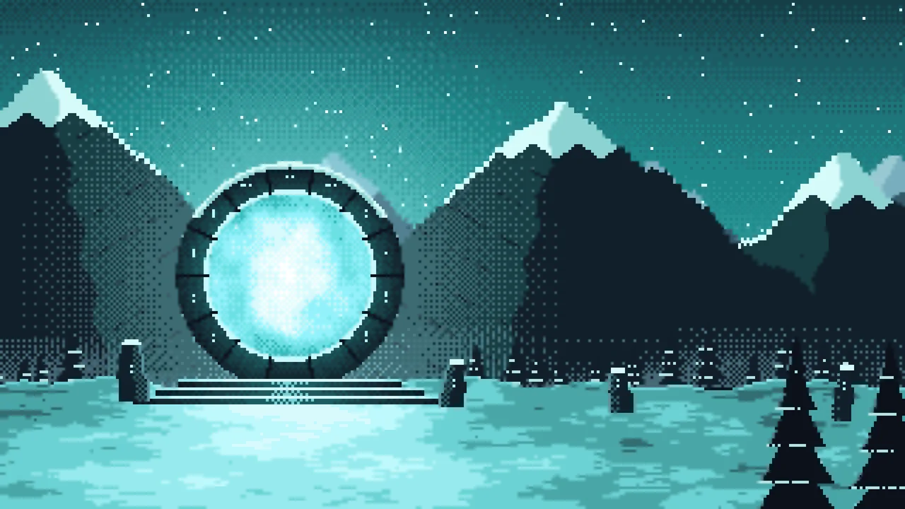 Teal Pixel Art Fantasy Portal in a Snowy Pass desktop wallpaper in 4K