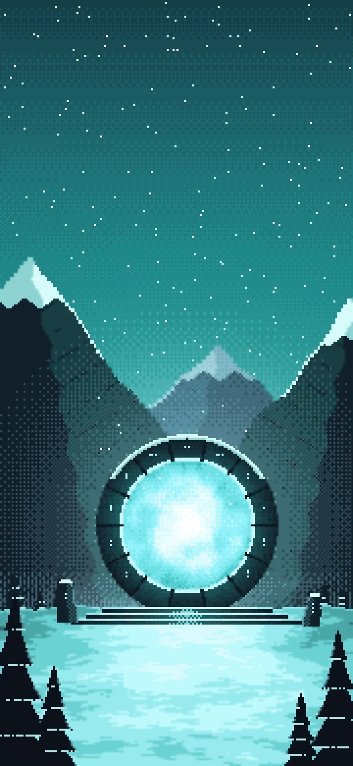 Teal Pixel Art Fantasy Portal in a Snowy Pass wallpaper for iPhone and Android
