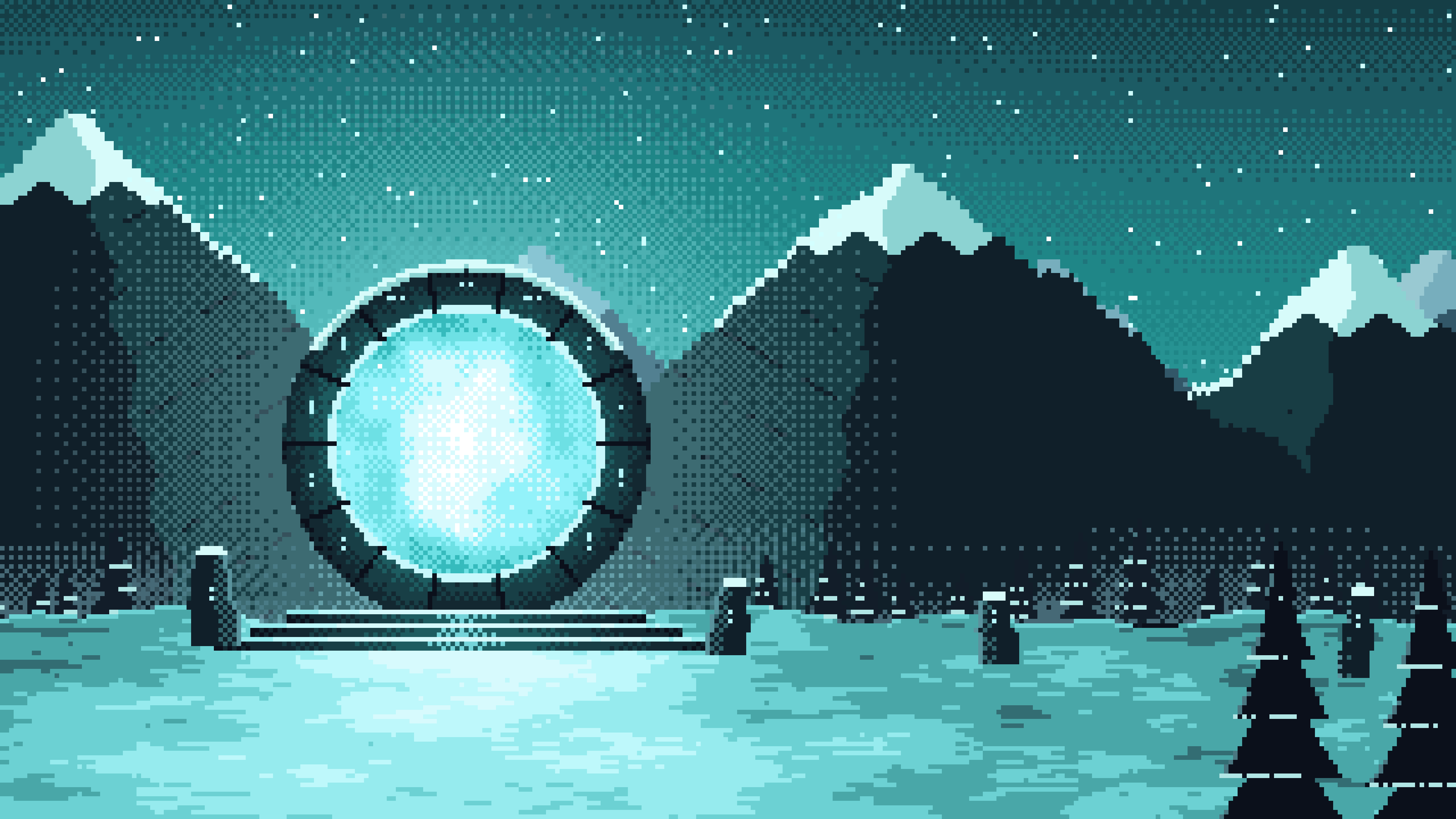 Teal Pixel Art Fantasy Portal in a Snowy Pass desktop wallpaper in 4K