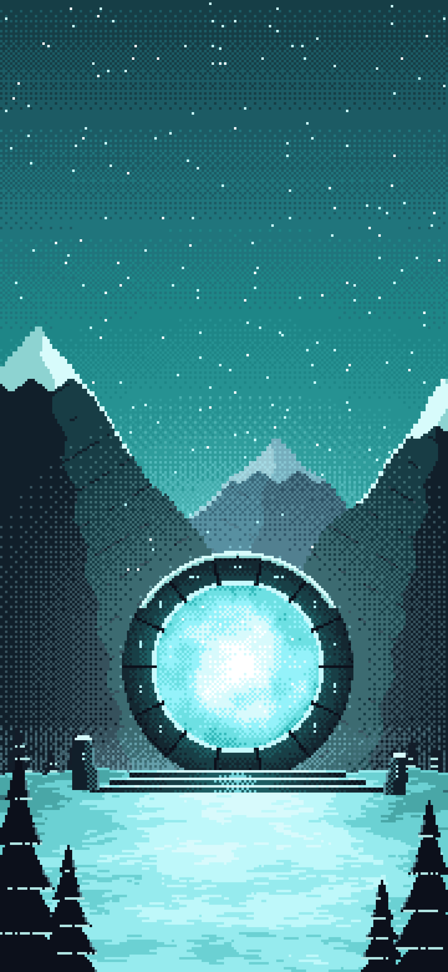 Teal Pixel Art Fantasy Portal in a Snowy Pass wallpaper for iPhone and Android