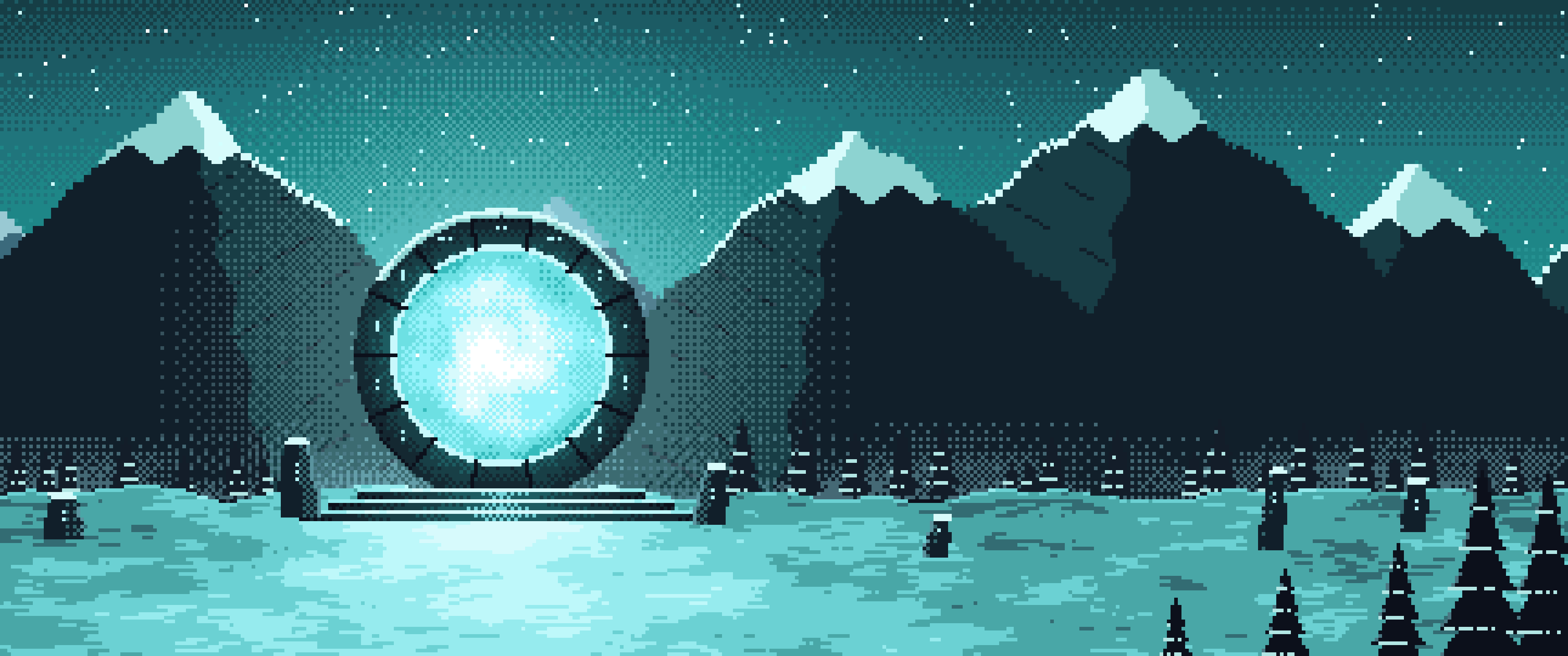 Teal Pixel Art Fantasy Portal in a Snowy Pass ultrawide wallpaper, 3440 × 1440