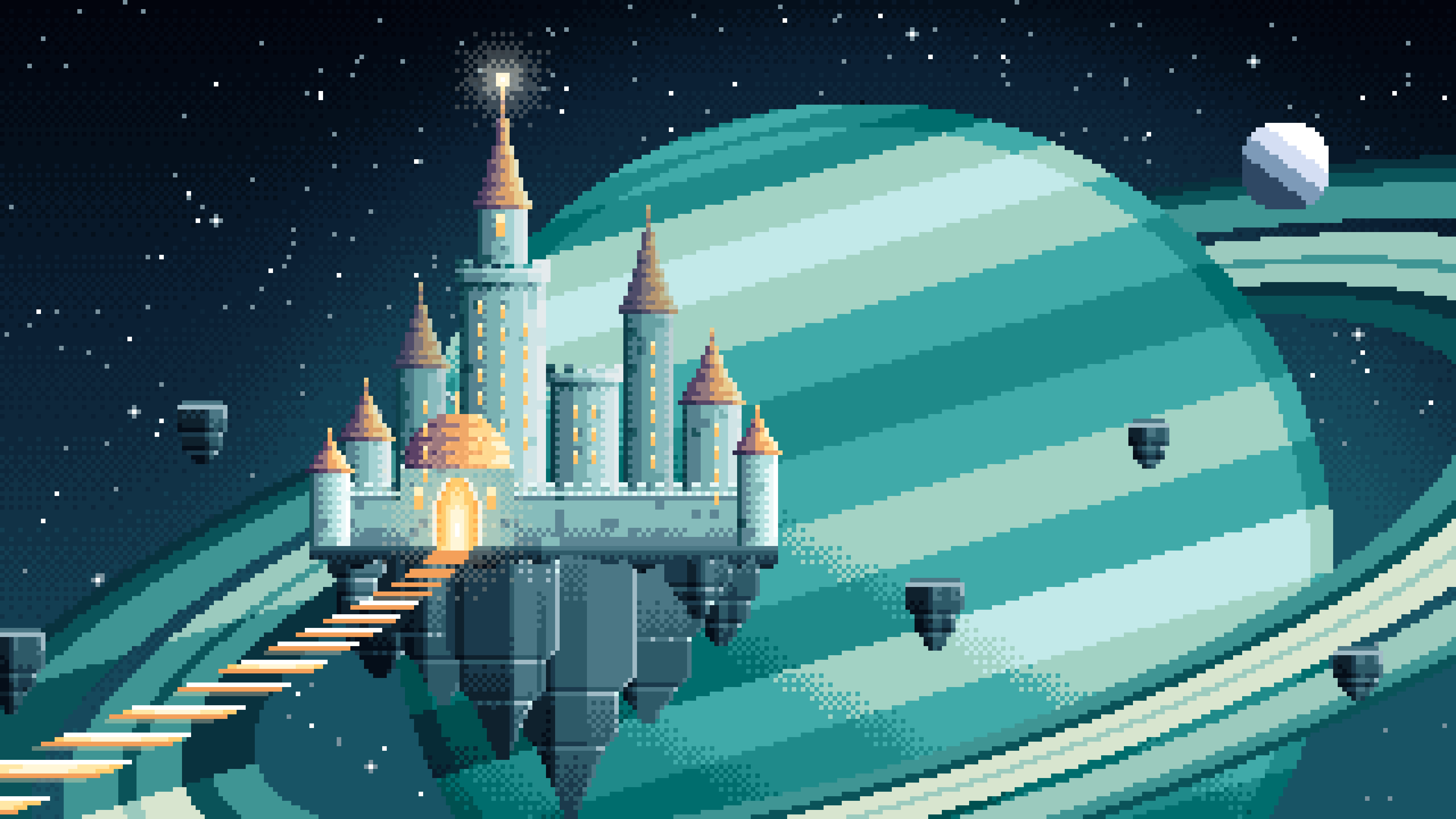 Teal Pixel Art Fantasy Space Castle and Planet desktop wallpaper in 4K