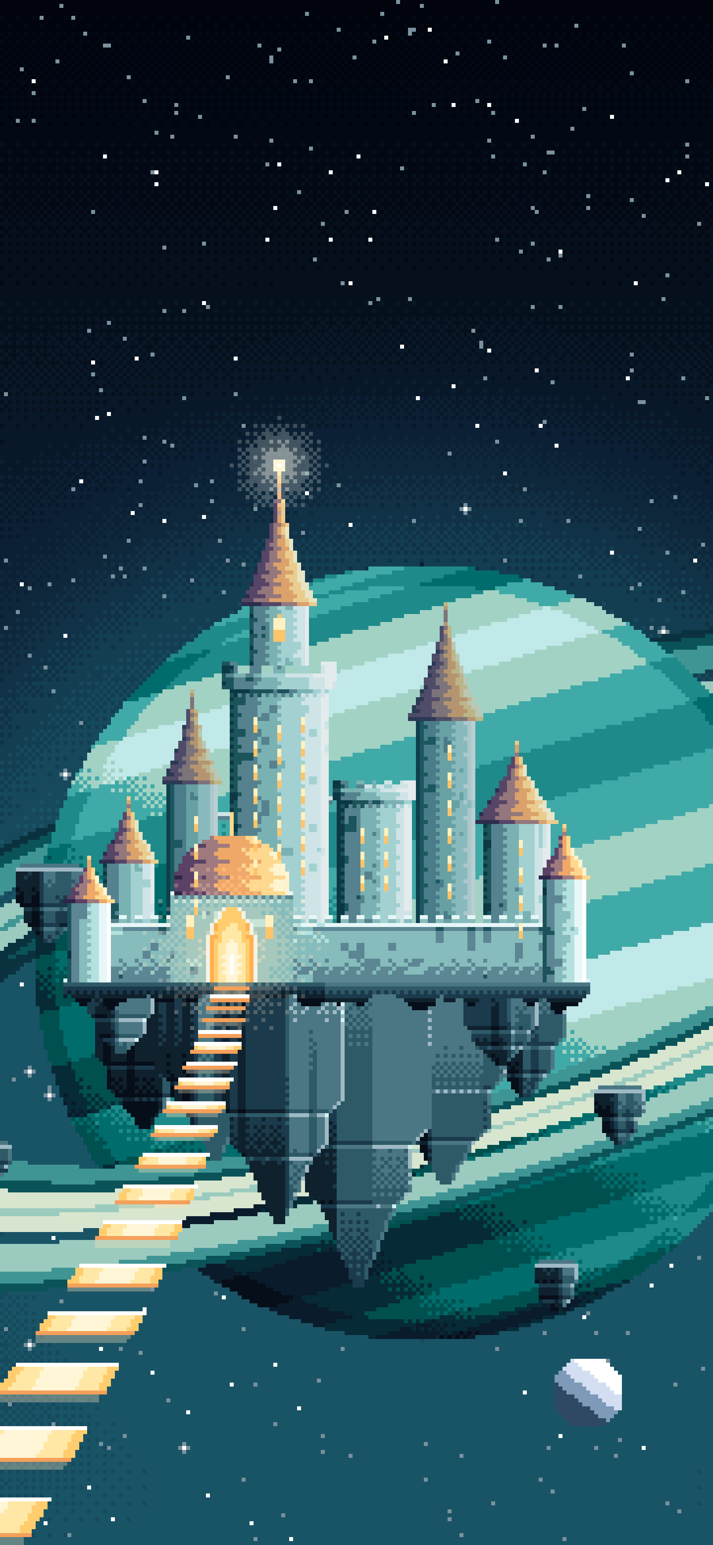 Teal Pixel Art Fantasy Space Castle and Planet wallpaper for iPhone and Android